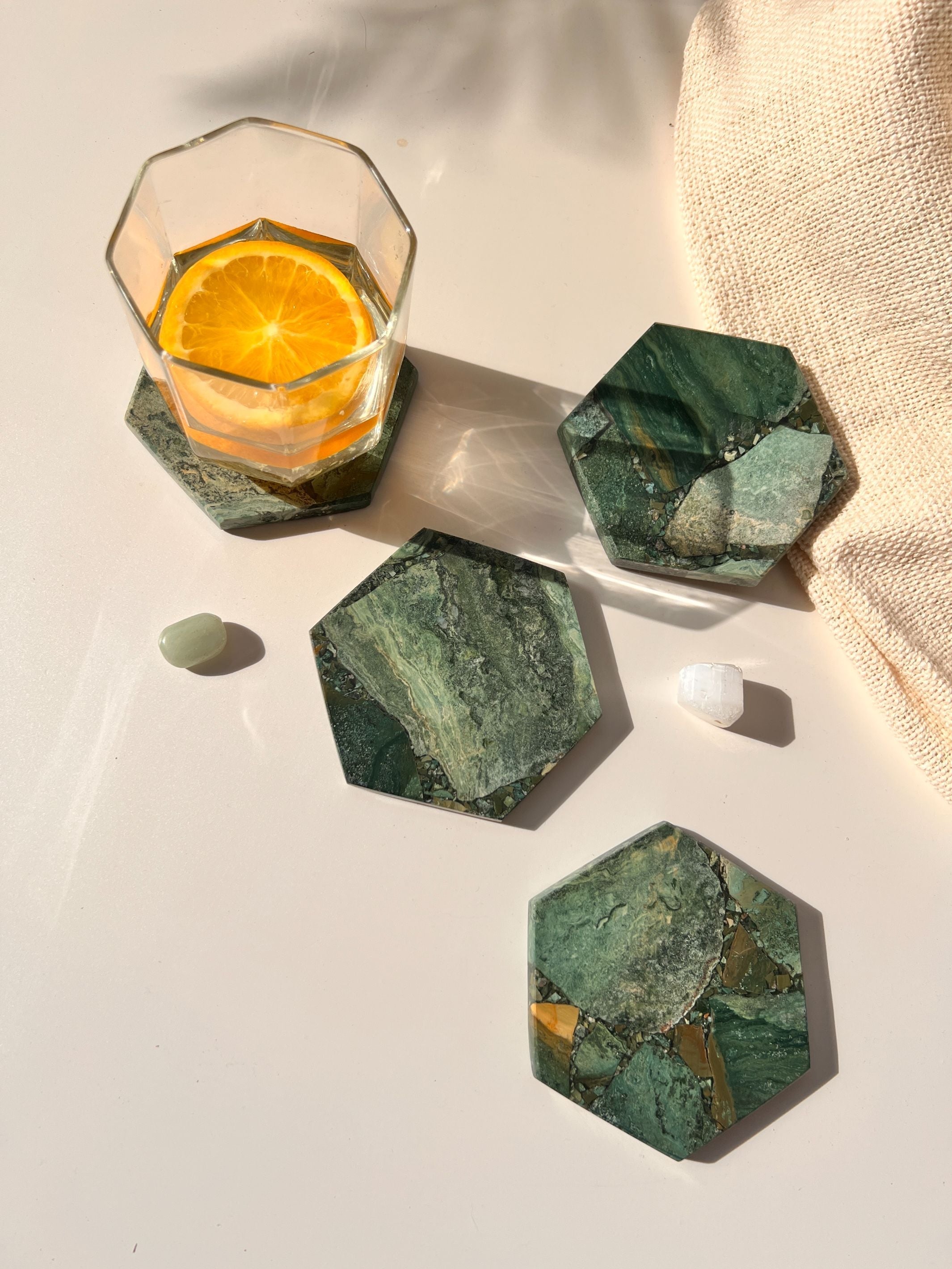 Moss Agate Hexagon Coaster Set of 4