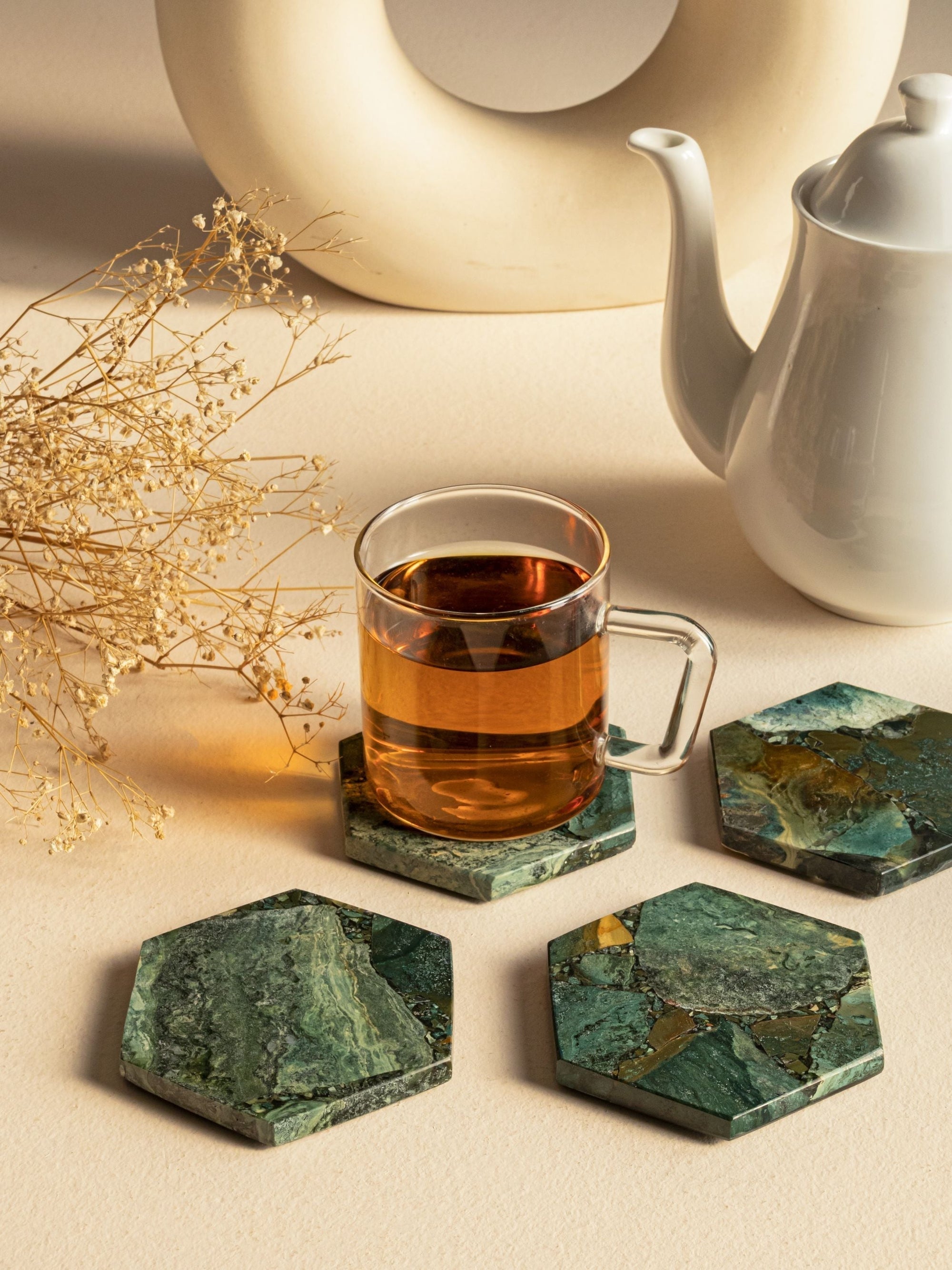 Moss Agate Hexagon Coaster Set of 4