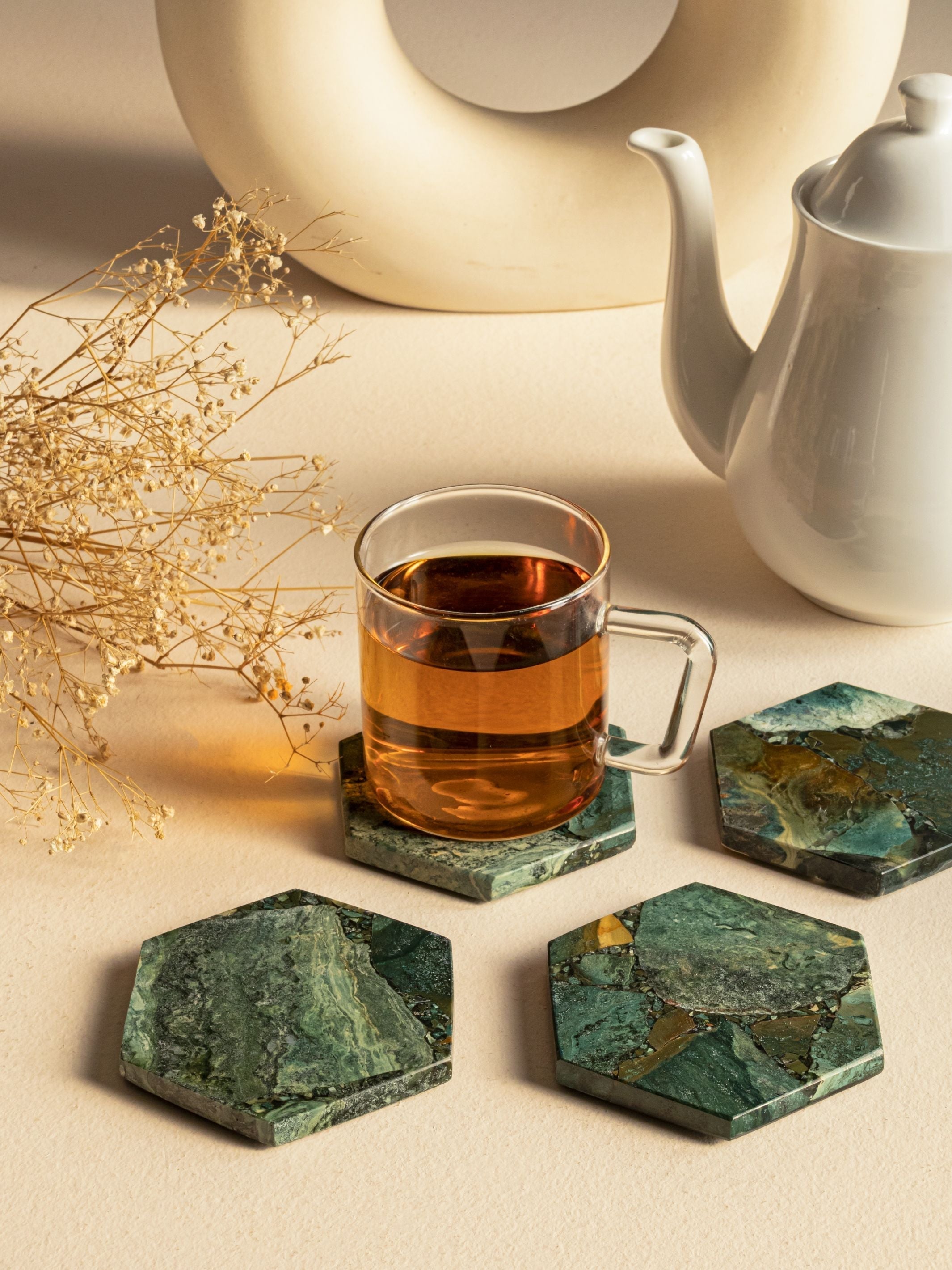Moss Agate Hexagon Coaster Set of 4