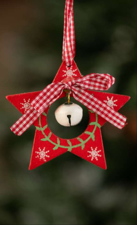Red Star Hanging Ornament with Bell & Ribbon Bow_CC72