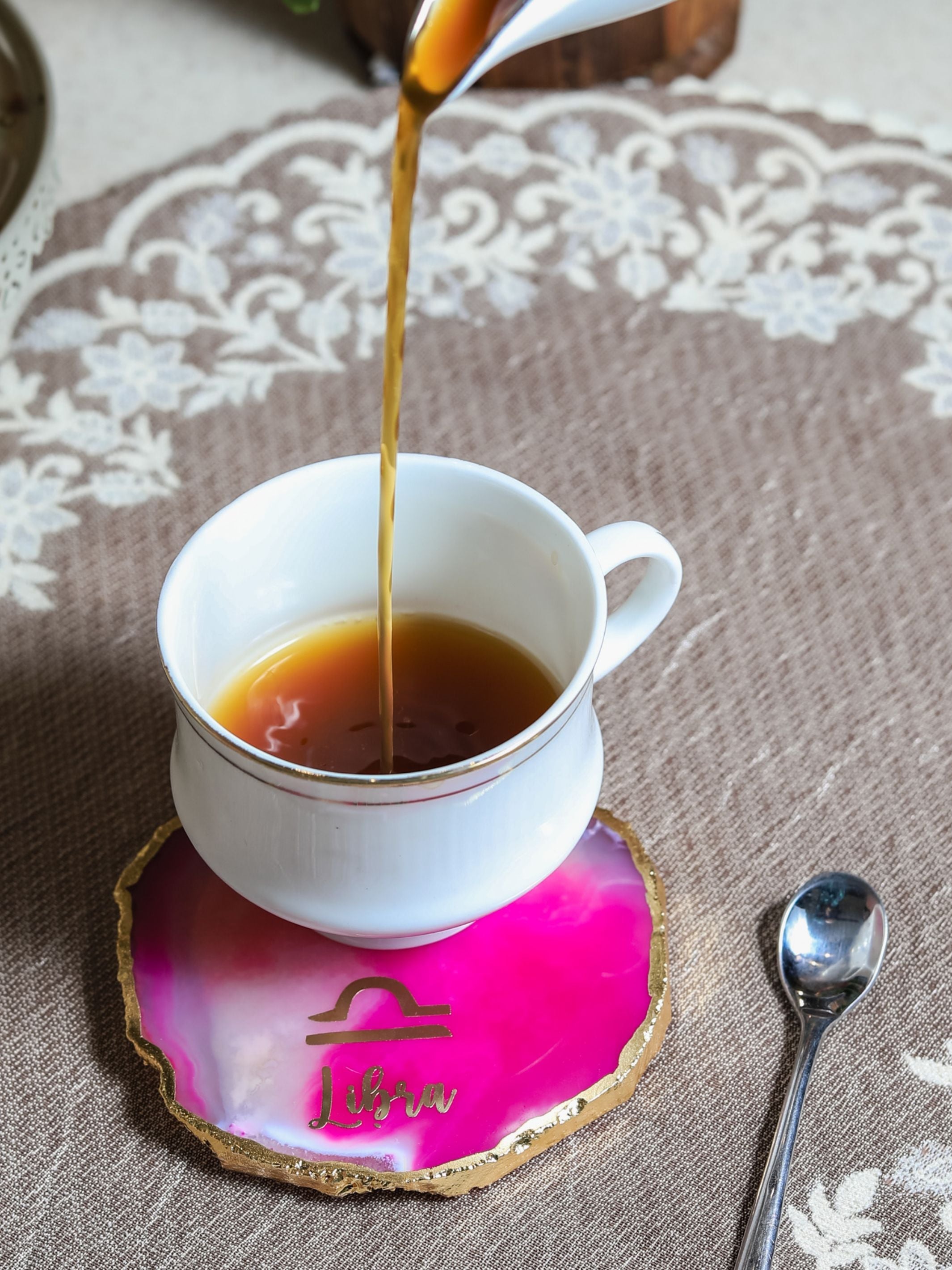 Pink Agate Zodiac Sign Libra Table Coaster