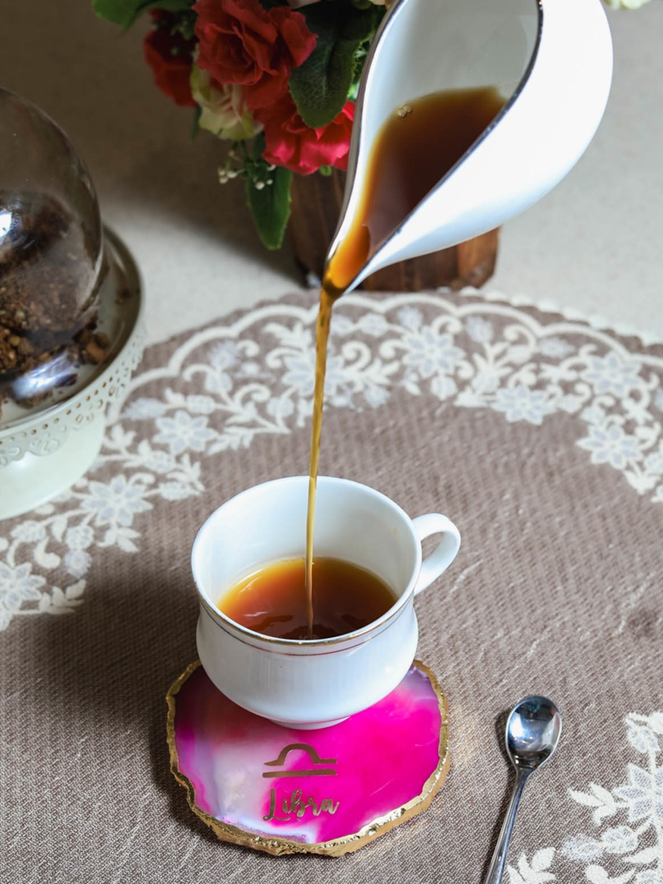 Pink Agate Zodiac Sign Libra Table Coaster
