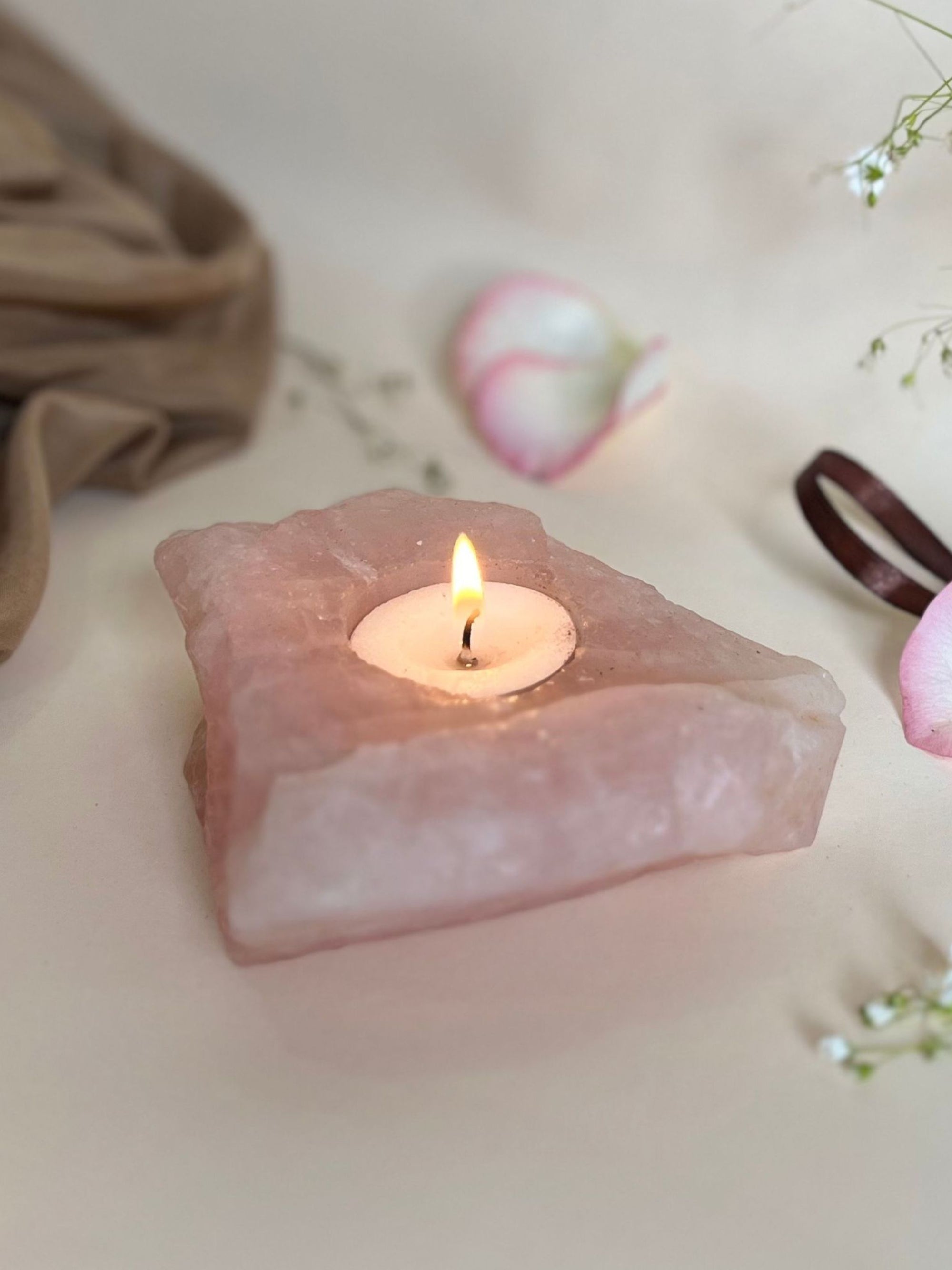 Tea Light Candle Holder - Rose Quartz Drilled