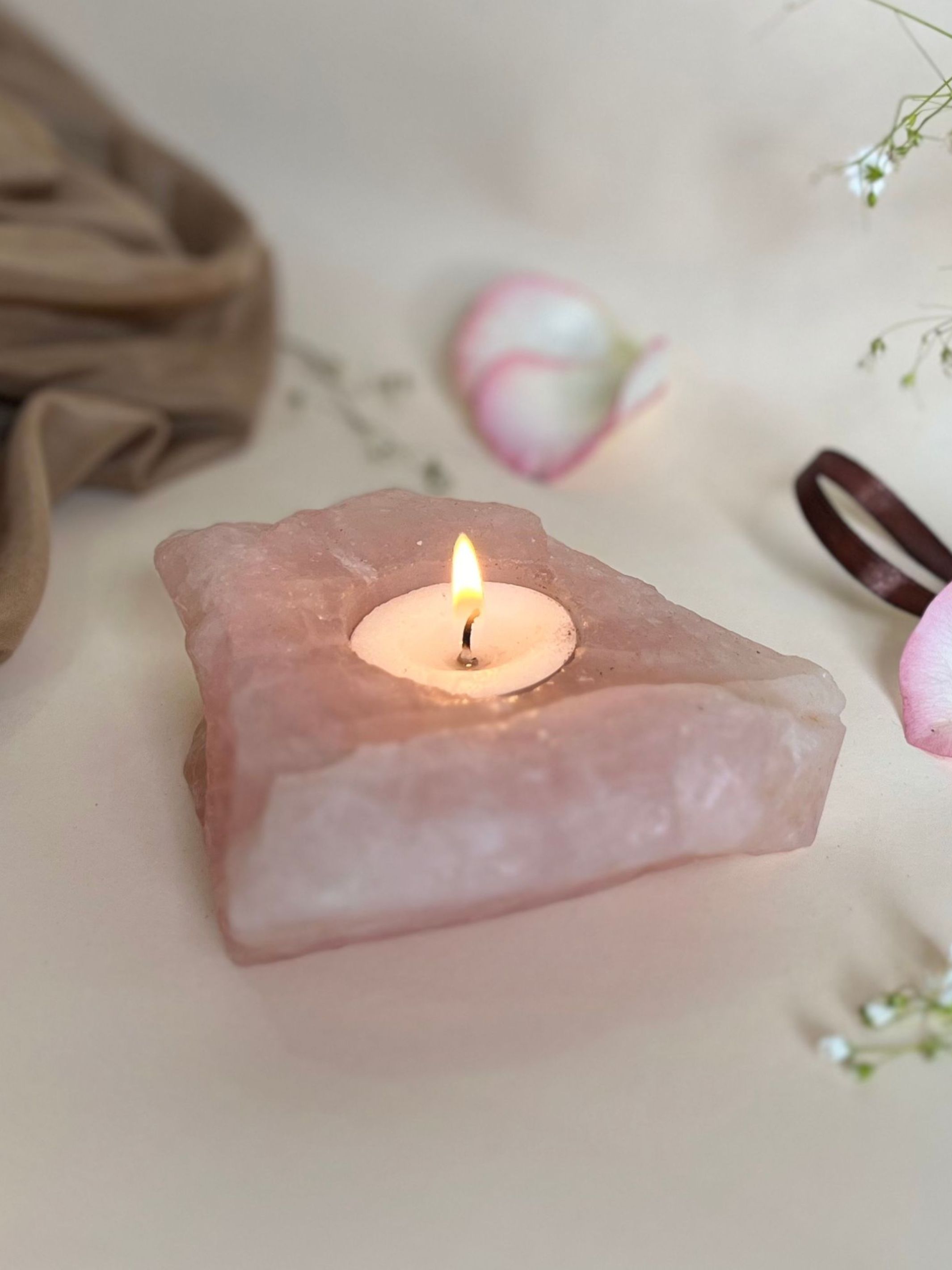 Tea Light Candle Holder - Rose Quartz Drilled