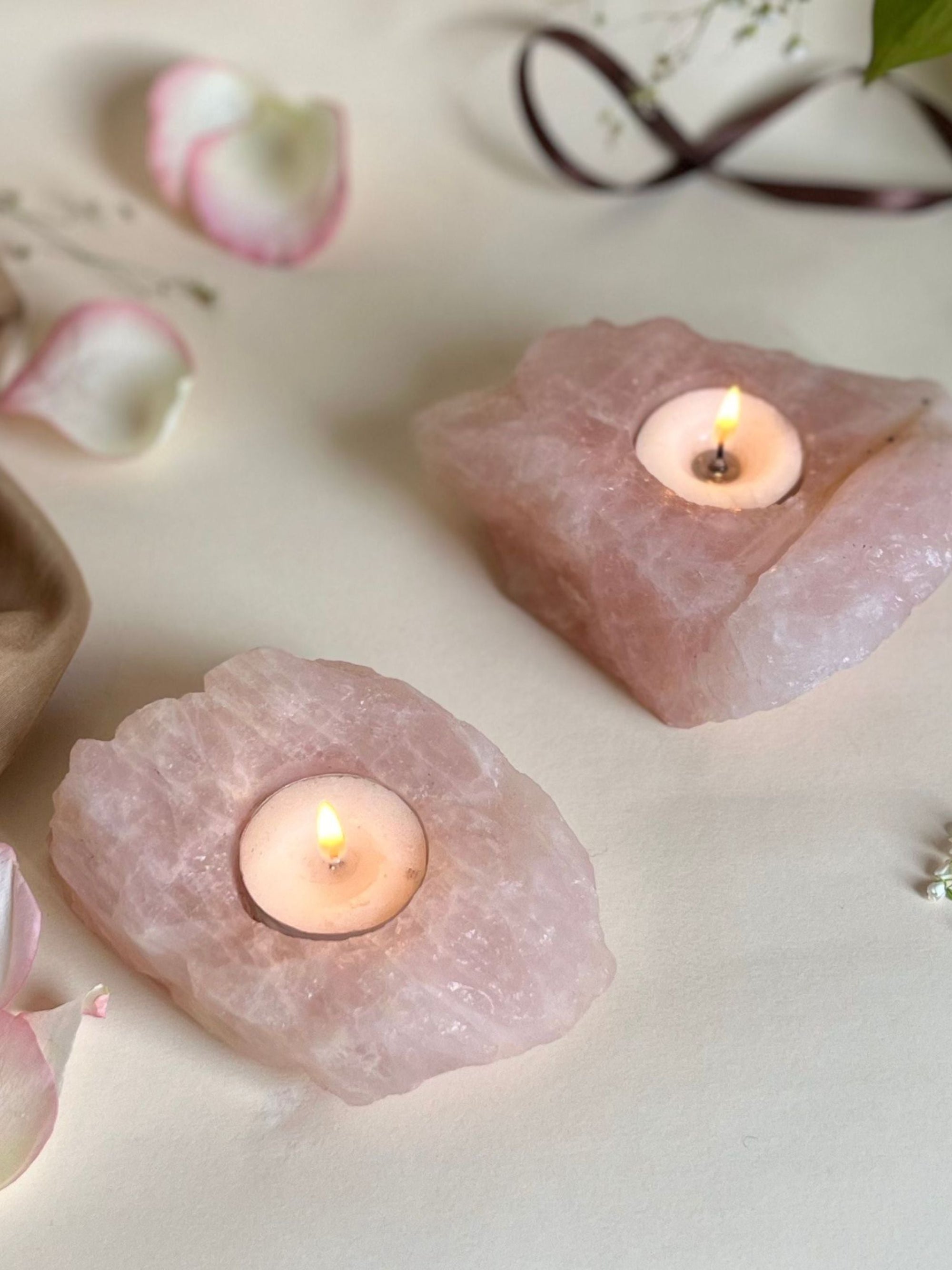 Tea Light Candle Holder - Rose Quartz Drilled