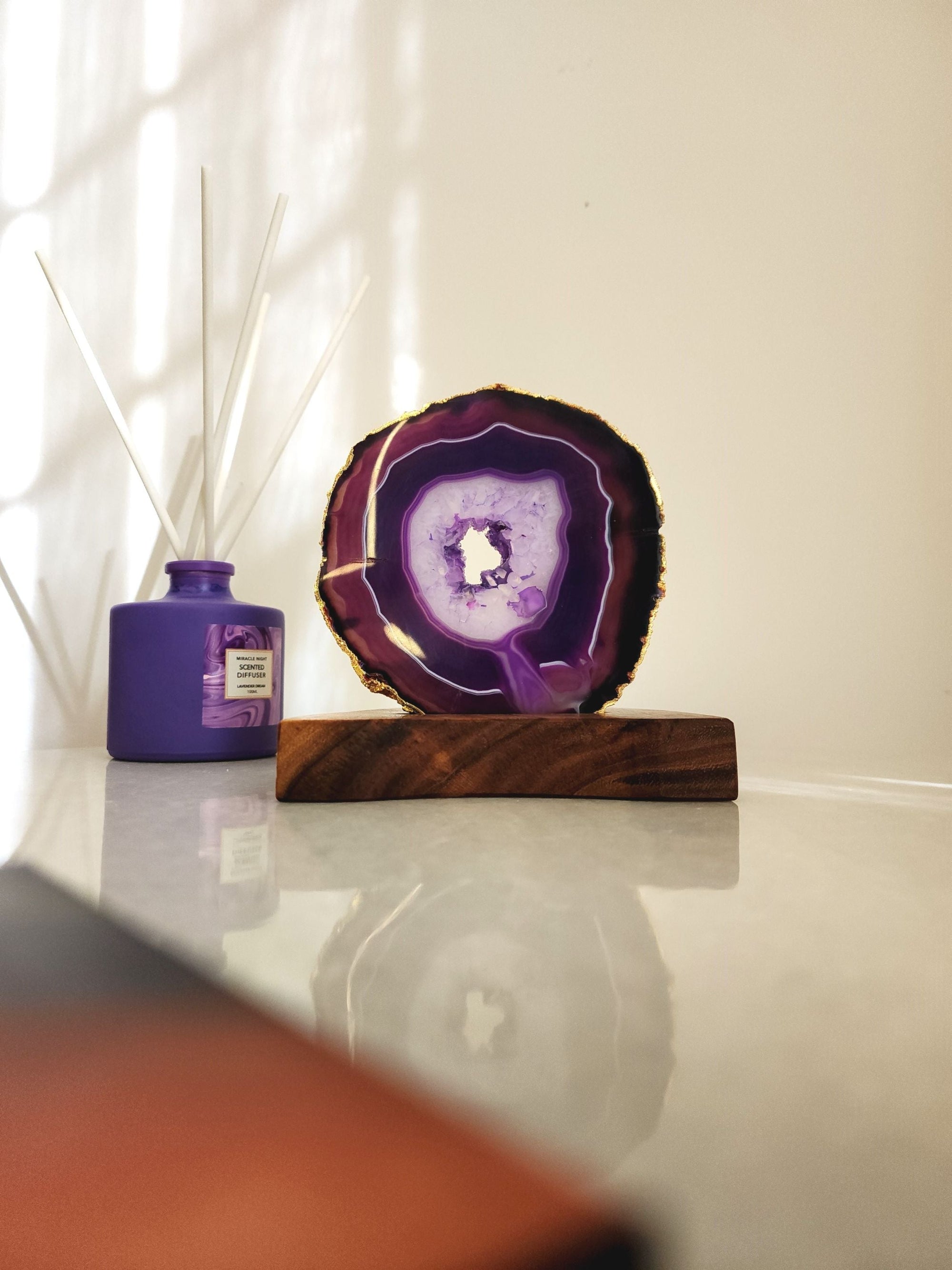 Agate Tealight Holder - Purple Gemstone Gold Plated With Wooden Stand