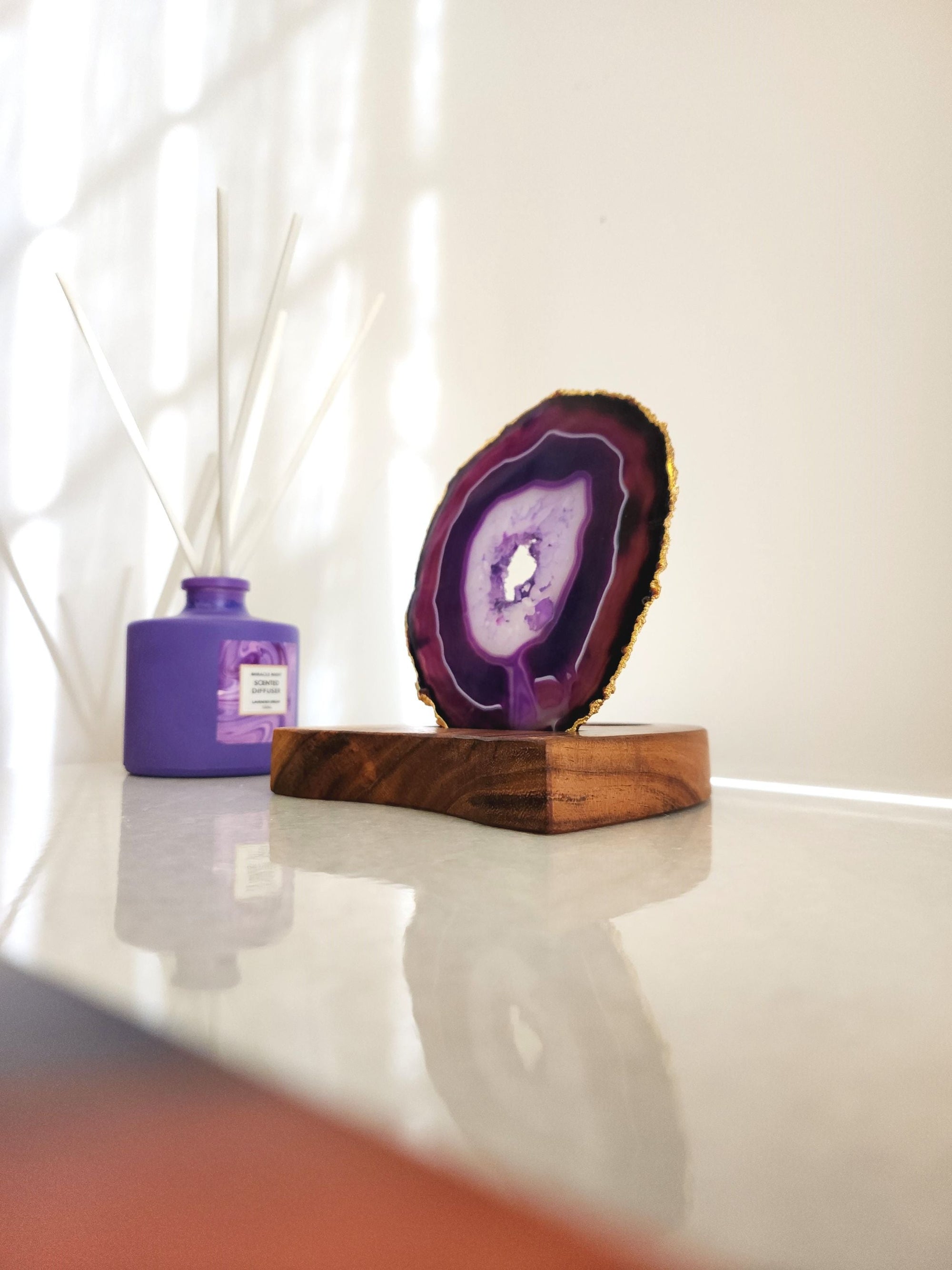 Agate Tealight Holder - Purple Gemstone Gold Plated With Wooden Stand