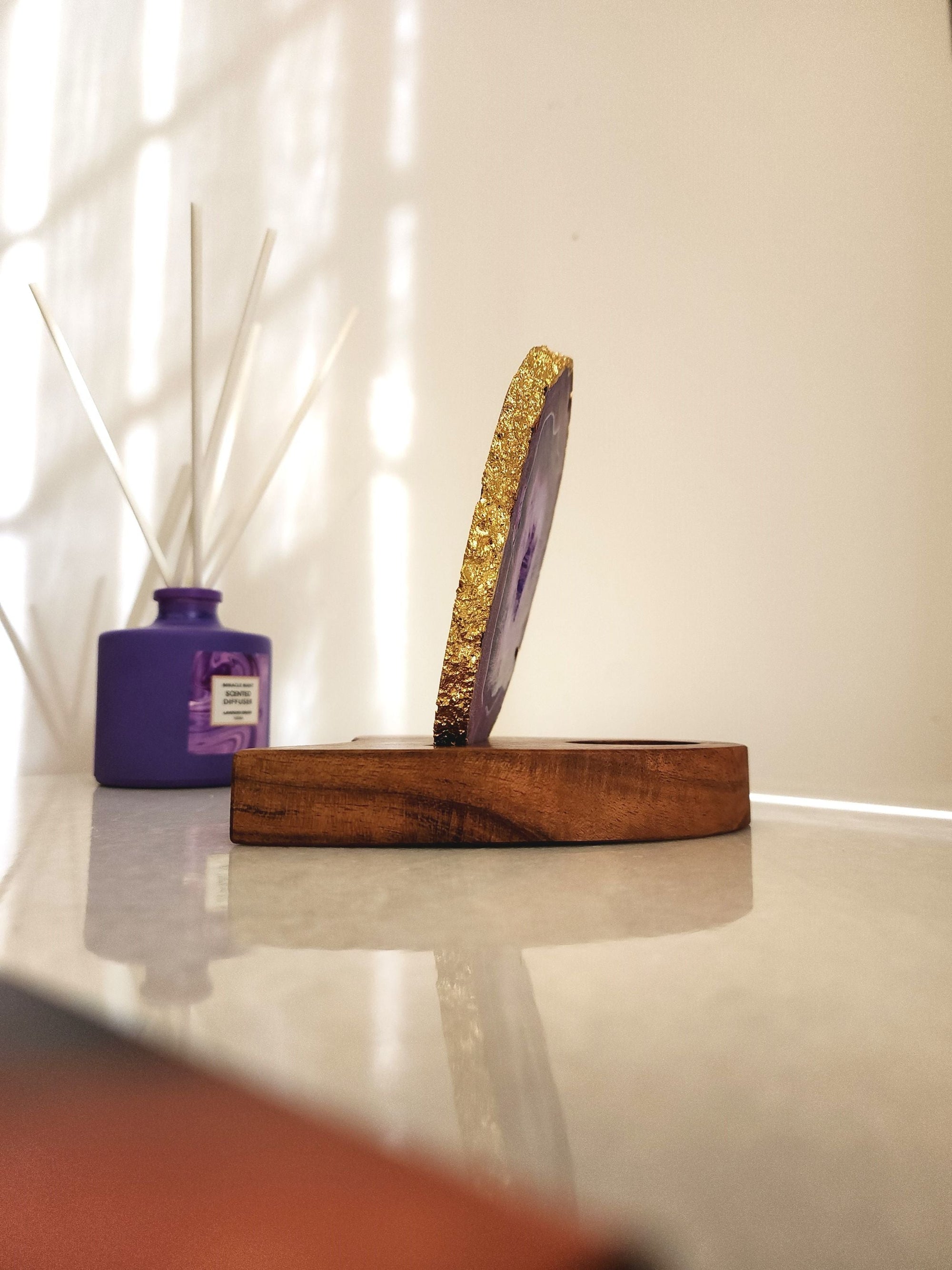 Agate Tealight Holder - Purple Gemstone Gold Plated With Wooden Stand