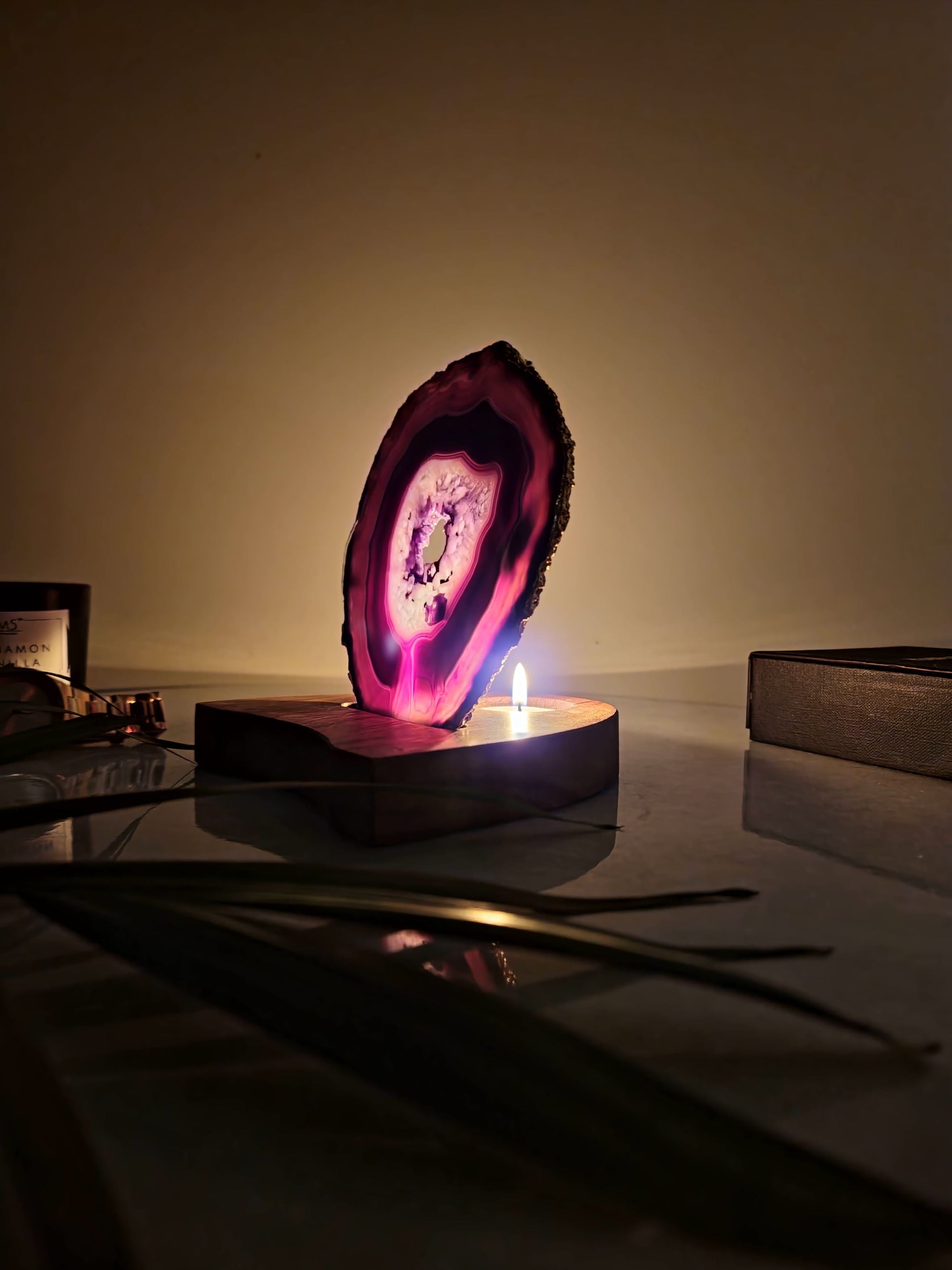Agate Tealight Holder - Purple Gemstone Gold Plated With Wooden Stand
