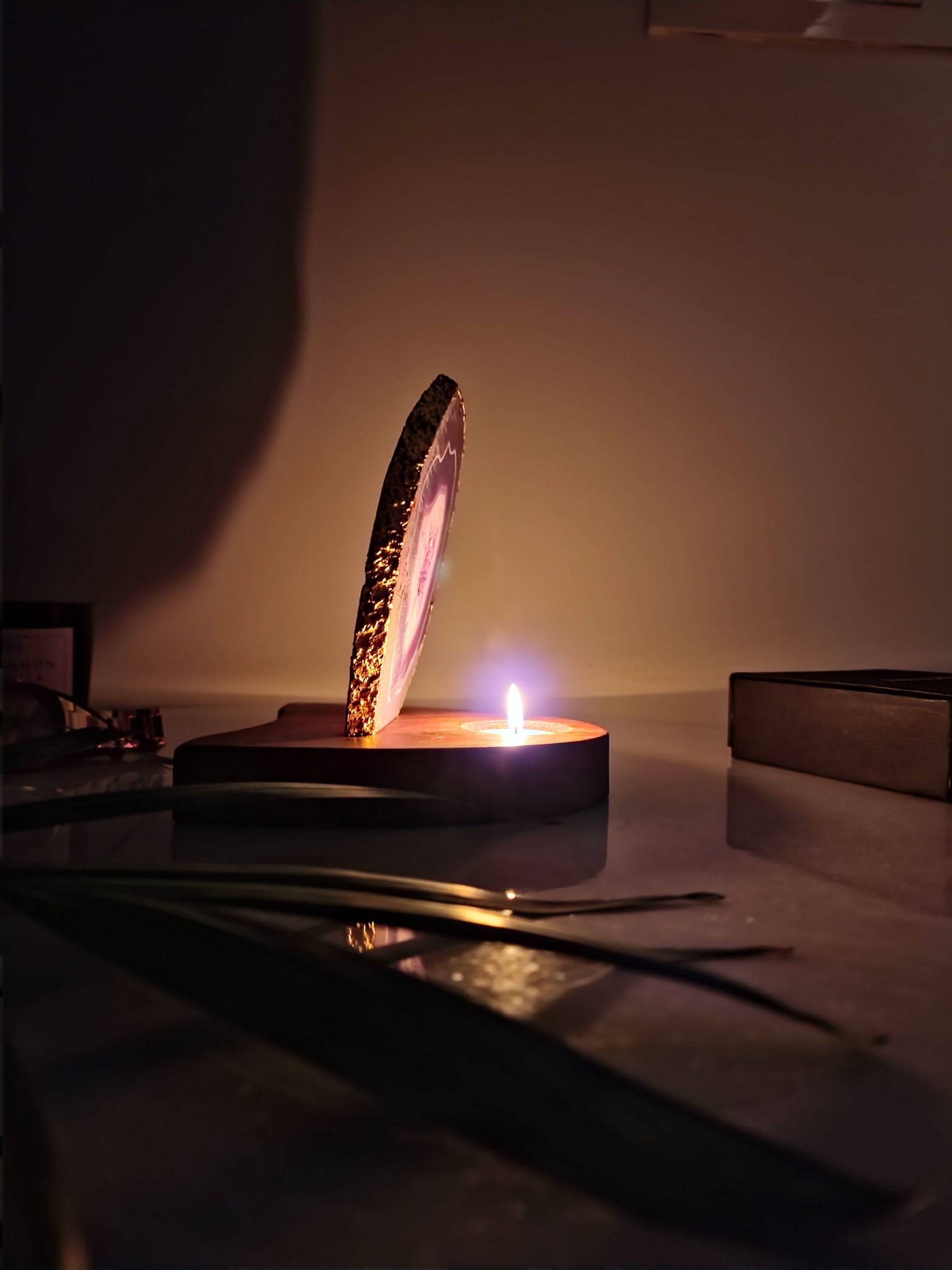 Agate Tealight Holder - Purple Gemstone Gold Plated With Wooden Stand