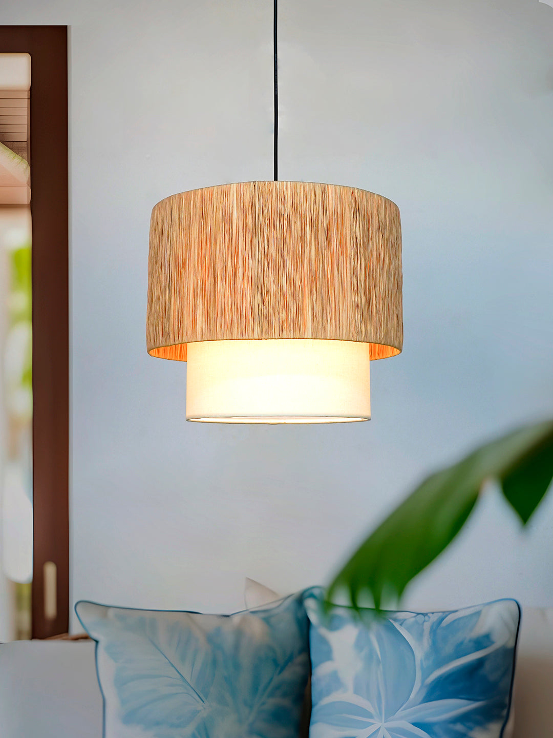Rafia14 Inch Wide Double Drum Pendant Light - Natural Elegance for Your Space