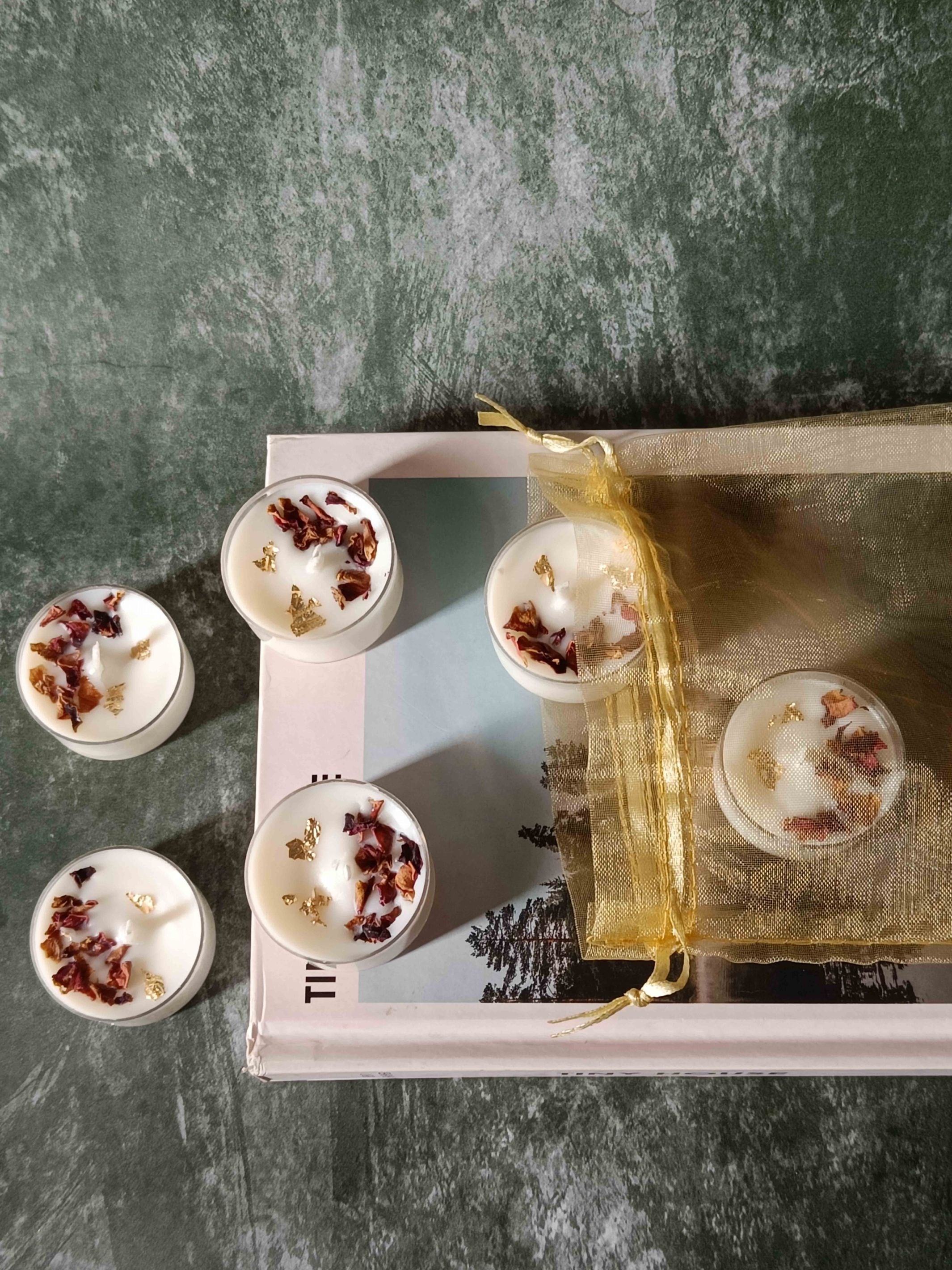 Tealight Candles Set Of 6 - Rose Petals & Gold Foil