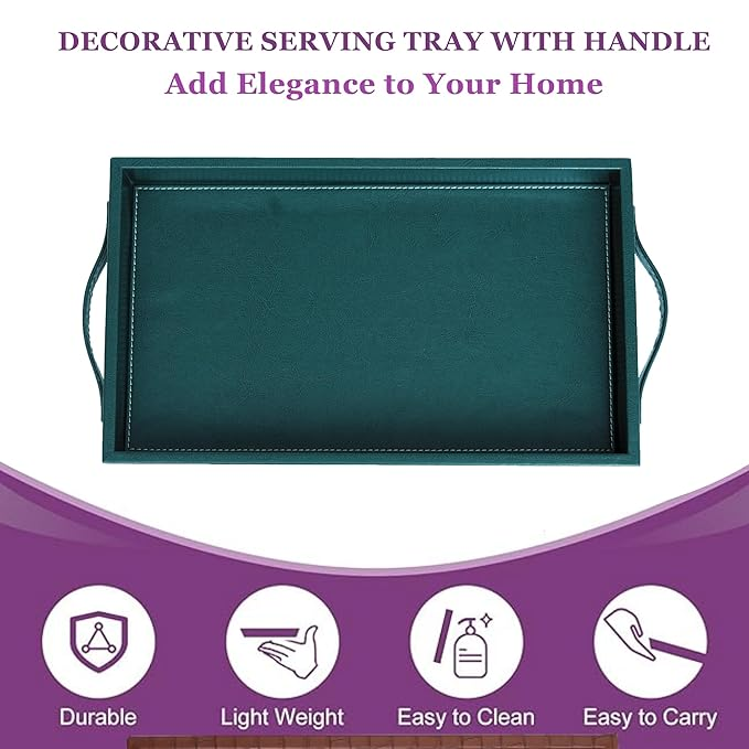 Vegan Leather Rectangular Serving Tray with Handles-Bottle Green