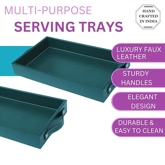 Vegan Leather Rectangular Serving Tray with Handles-Bottle Green