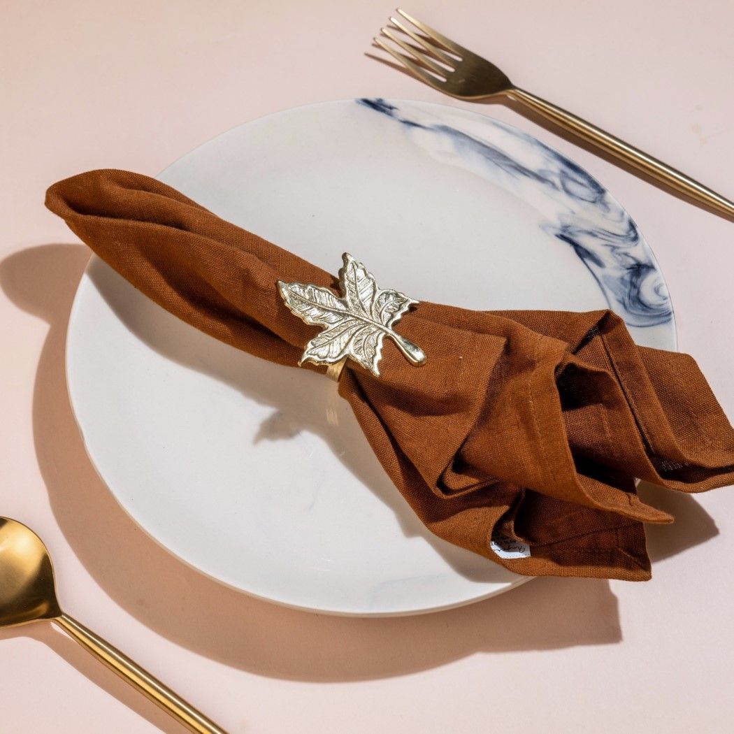 Maple Leaf Brass Napkin Rings Gift Set