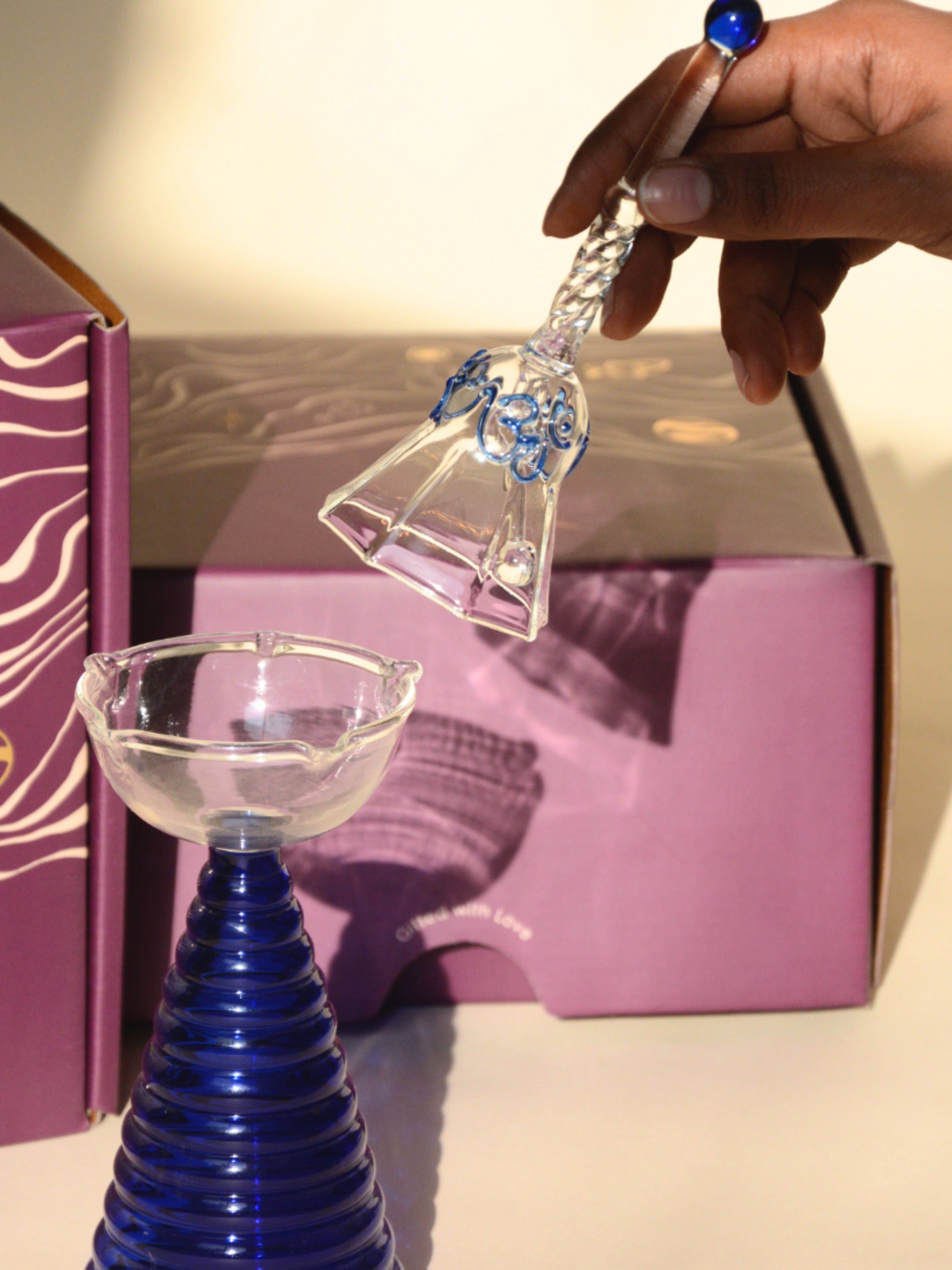 Tall Diya Gift Set - Tall Diya and Ringing bell - Blue