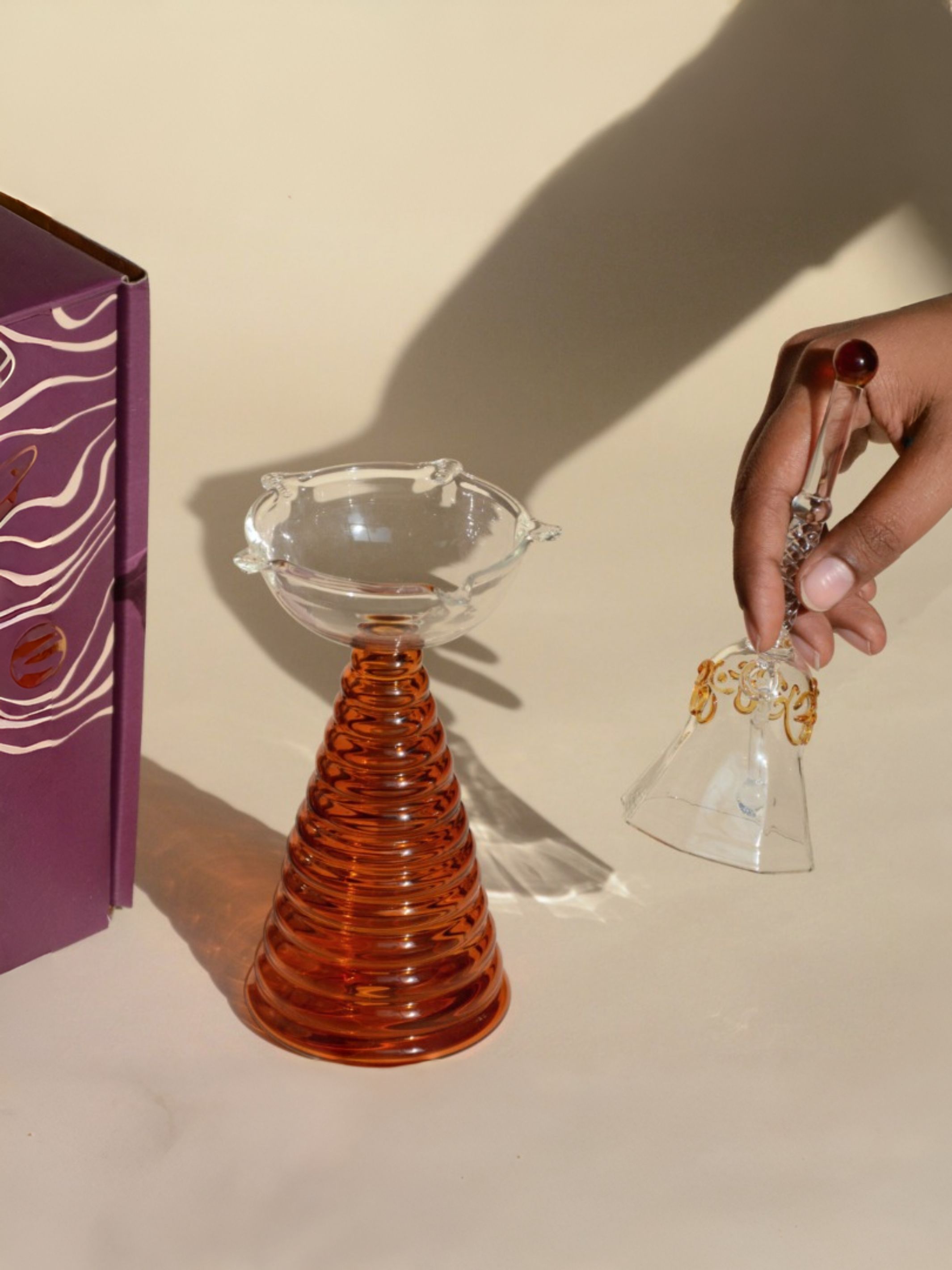 Tall Diya Gift Set - Tall Diya and Ringing bell - Amber