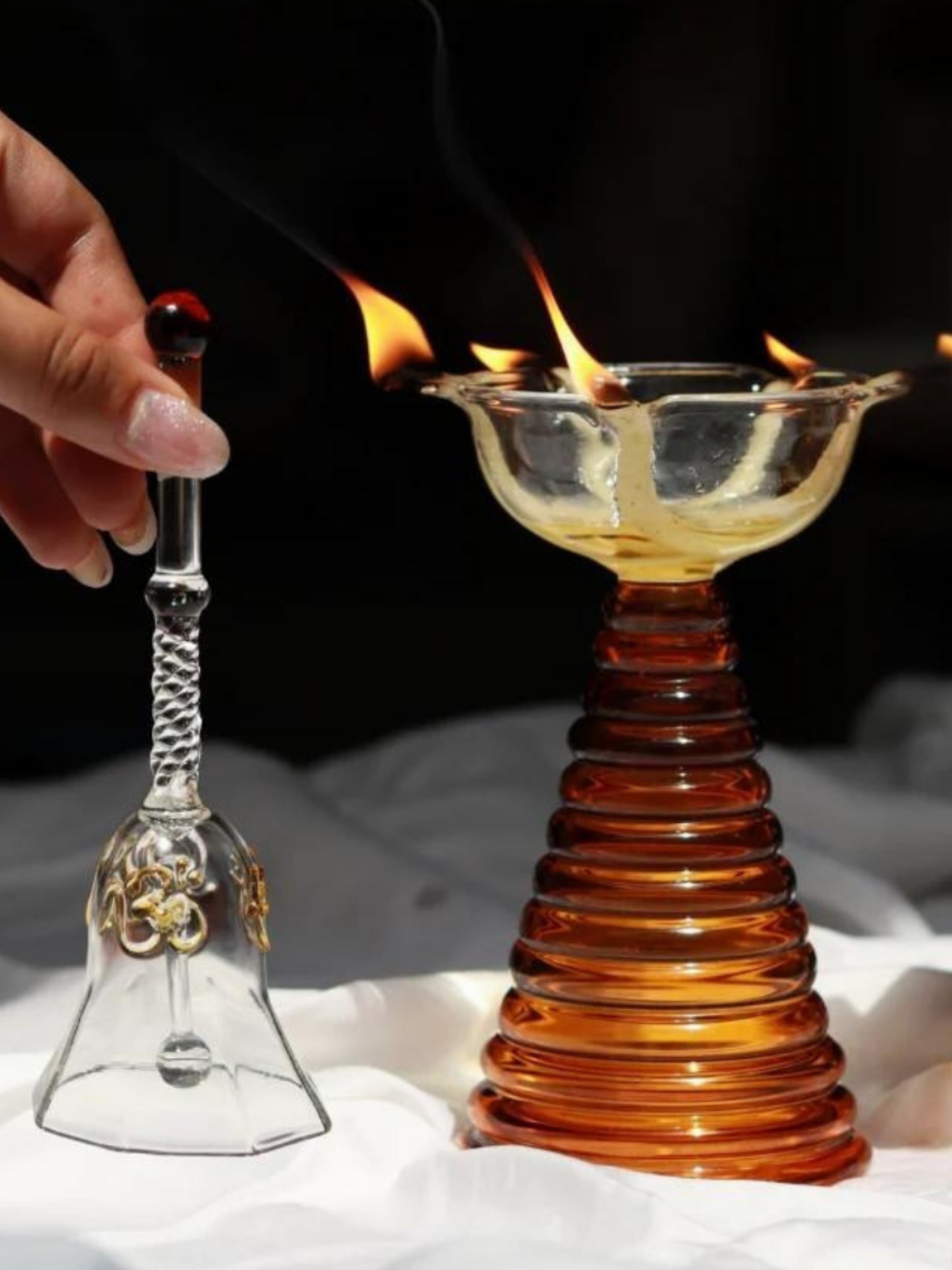 Tall Diya Gift Set - Tall Diya and Ringing bell - Amber