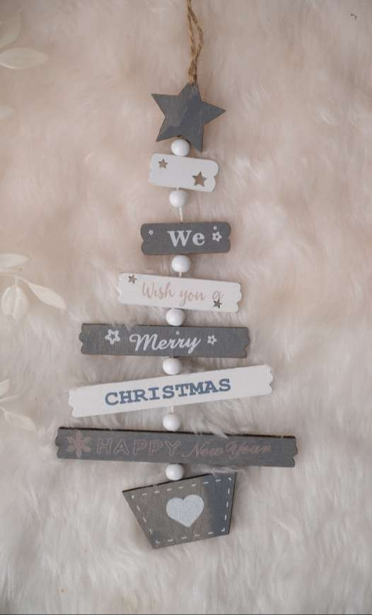 Grey & White Hanging Wooden Christmas Tree with We Wish You Merry Christmas Text_CC131