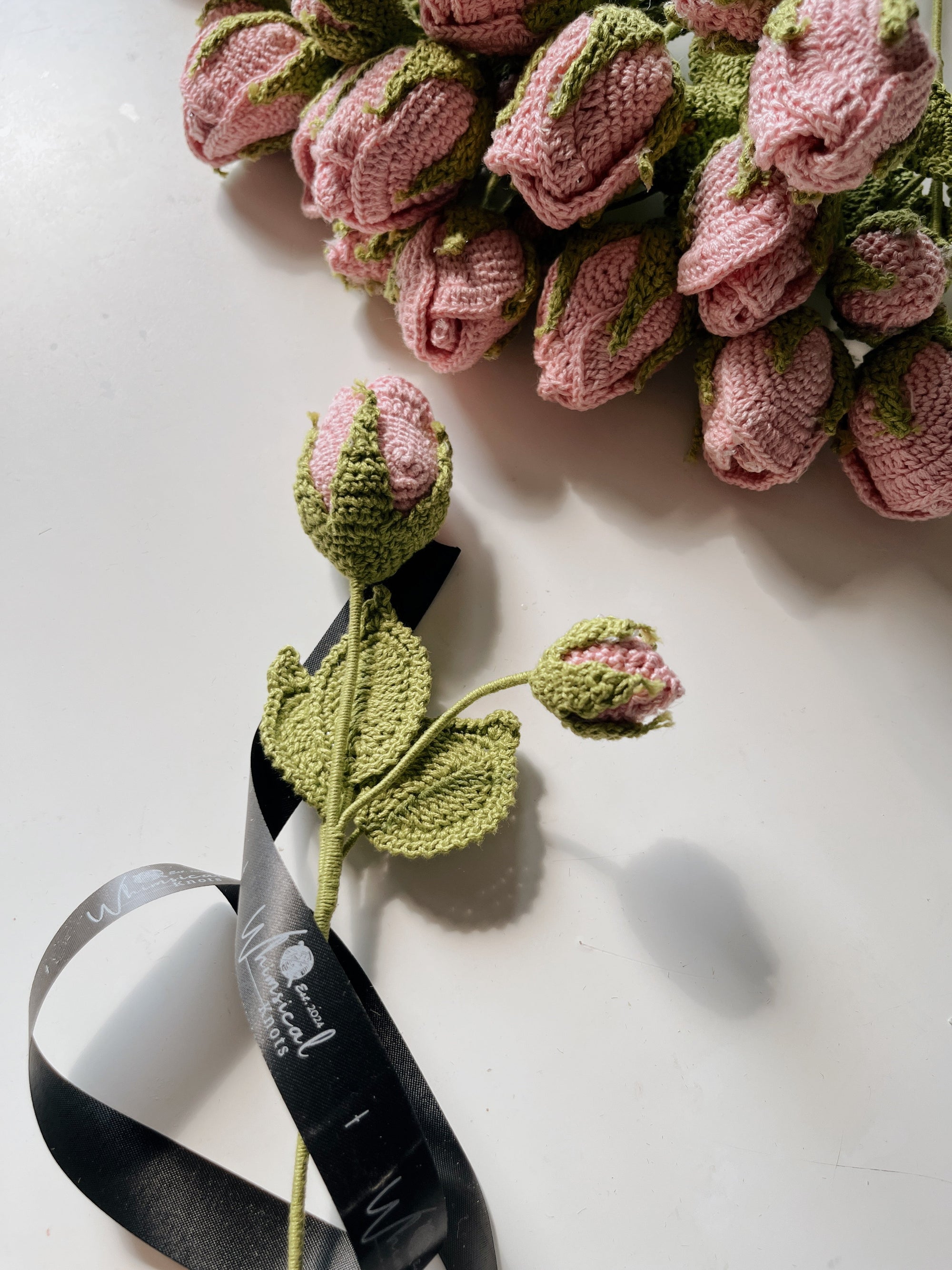 Crochet Flower - Pink rose with Bud