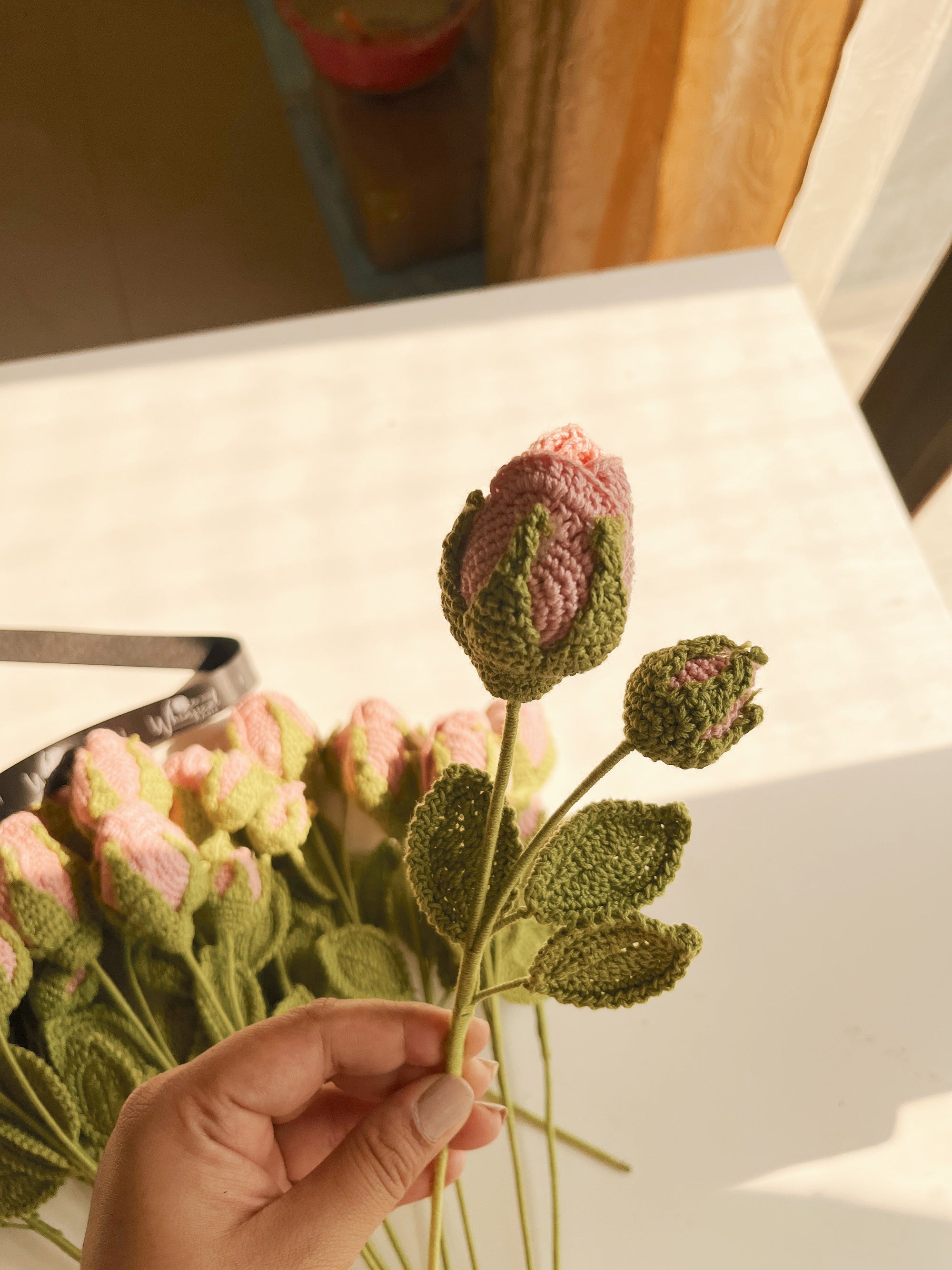 Crochet Flower - Pink rose with Bud