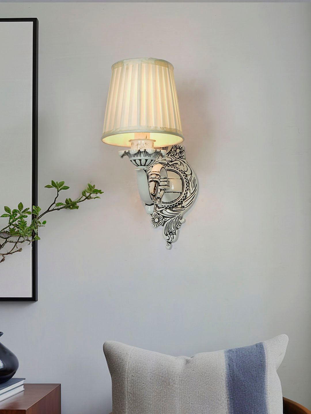 Traditional Single Swan Wall Sconce in Antique White with Pleated Fabric Shade
