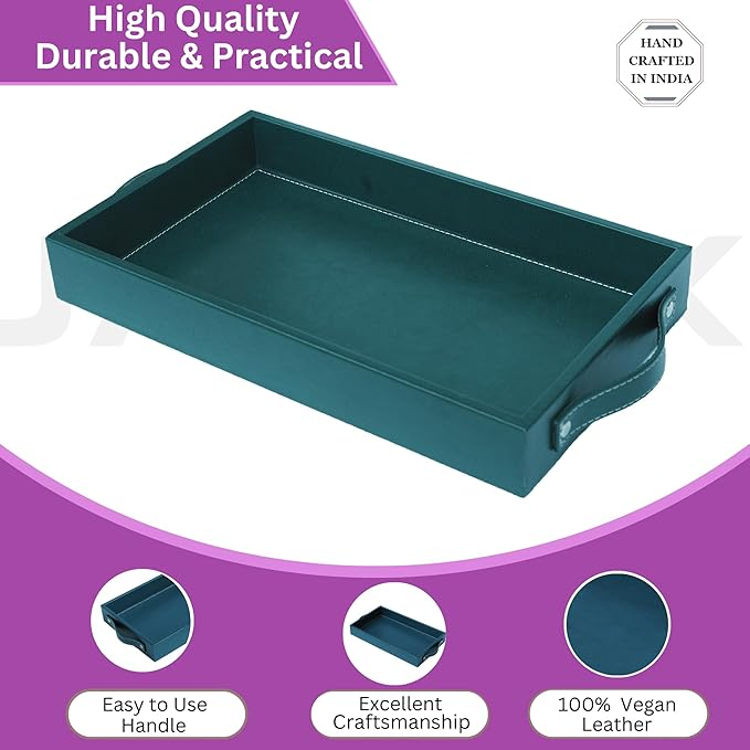 Vegan Leather Rectangular Serving Tray with Handles-Bottle Green