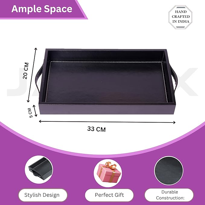 Vegan Leather Rectangular Serving Tray with Handles-Black