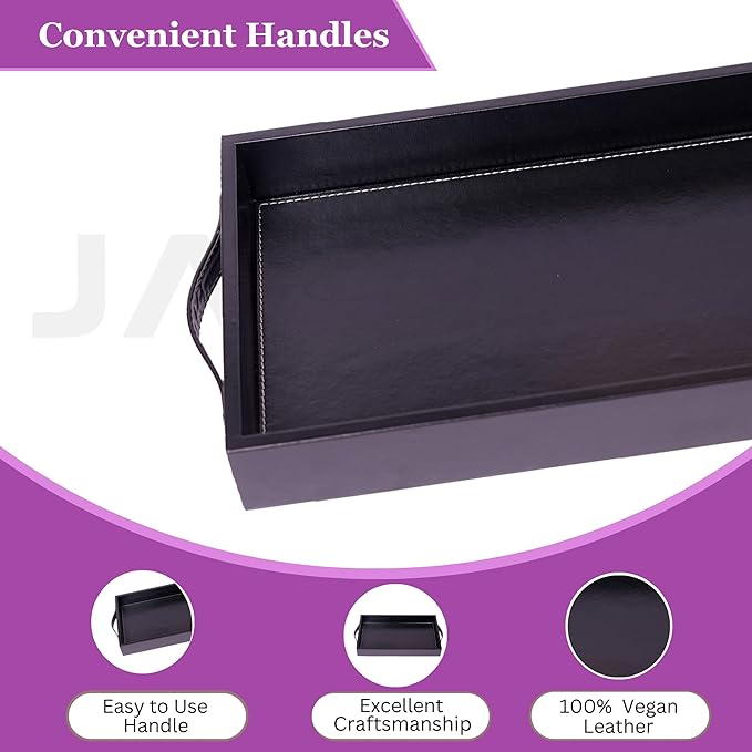 Vegan Leather Rectangular Serving Tray with Handles-Black