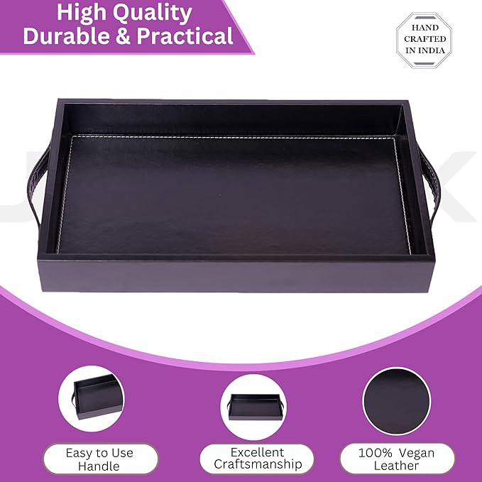 Vegan Leather Rectangular Serving Tray with Handles-Black
