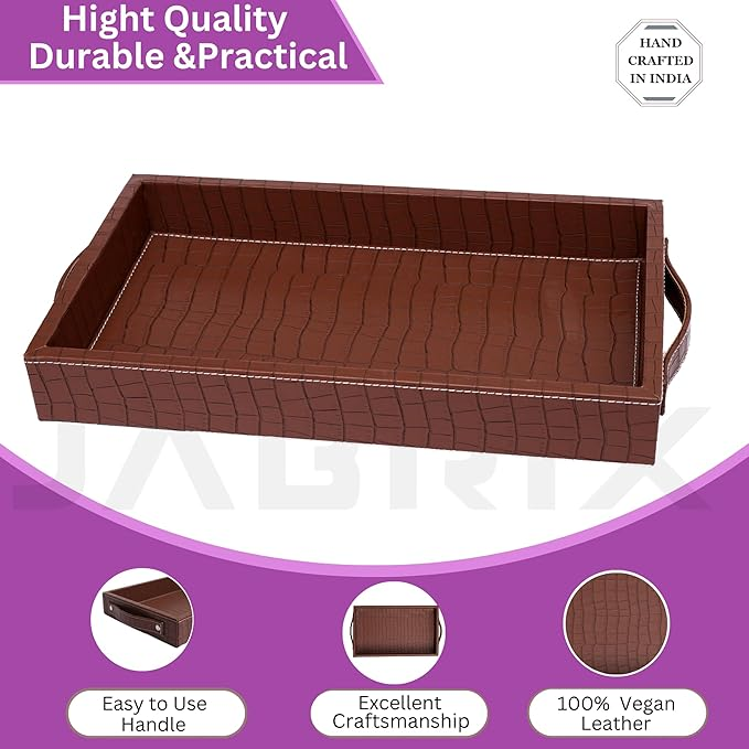 Vegan Leather Rectangular Serving Tray with Handles_Walnut Brown