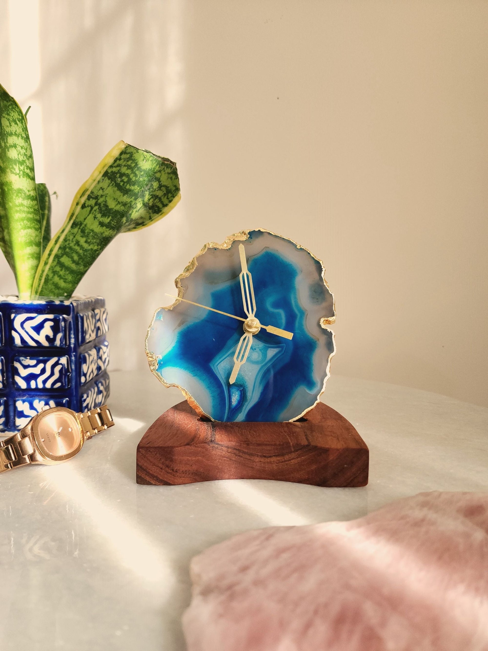 Agate Table Clock - Turquoise Gemstone Gold Plated