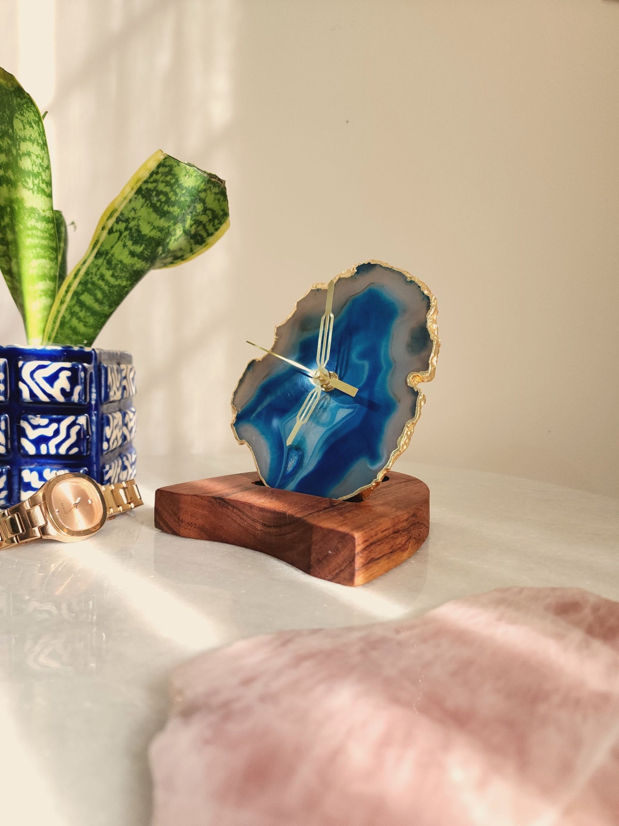 Agate Table Clock - Turquoise Gemstone Gold Plated