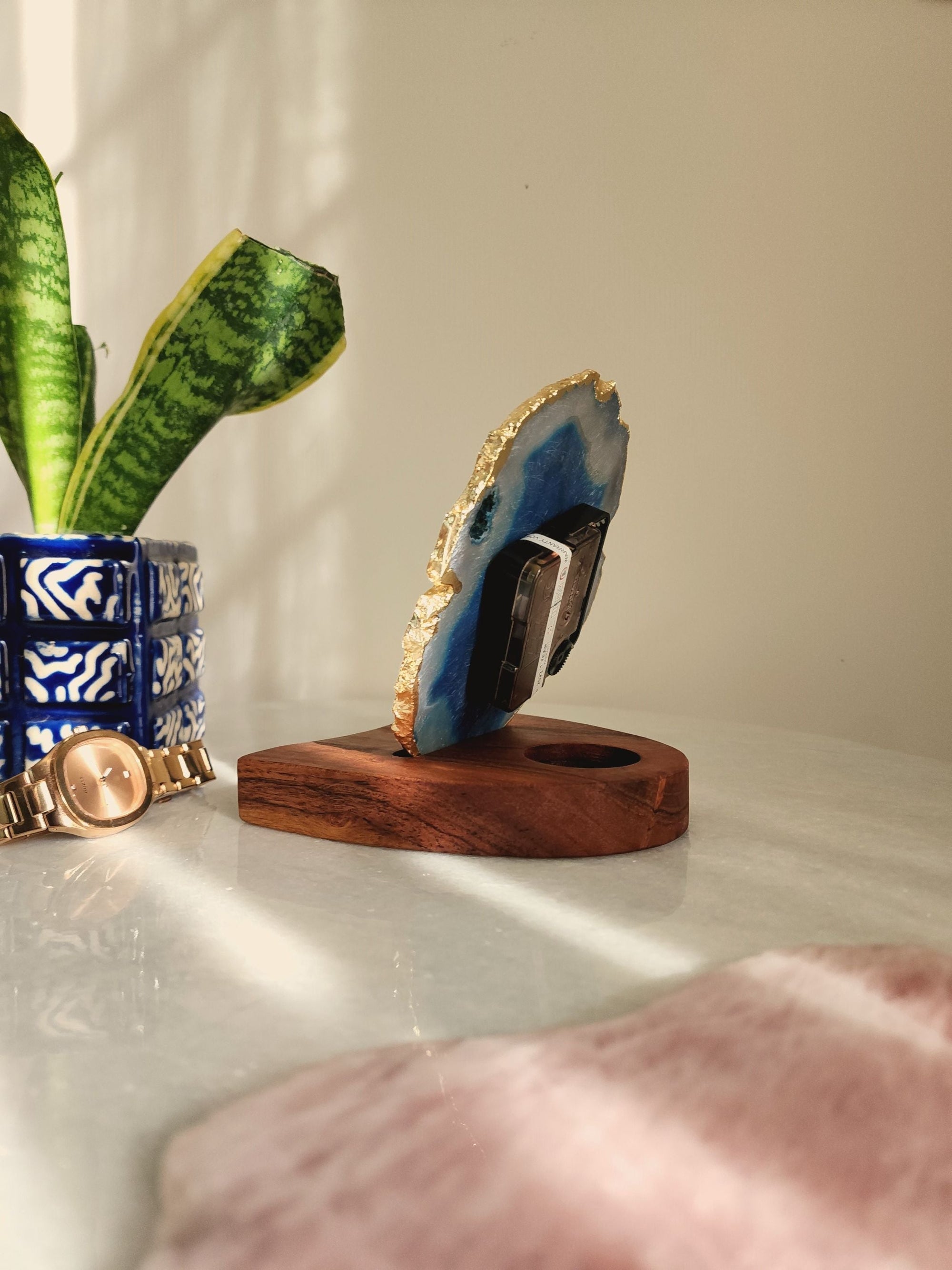 Agate Table Clock - Turquoise Gemstone Gold Plated