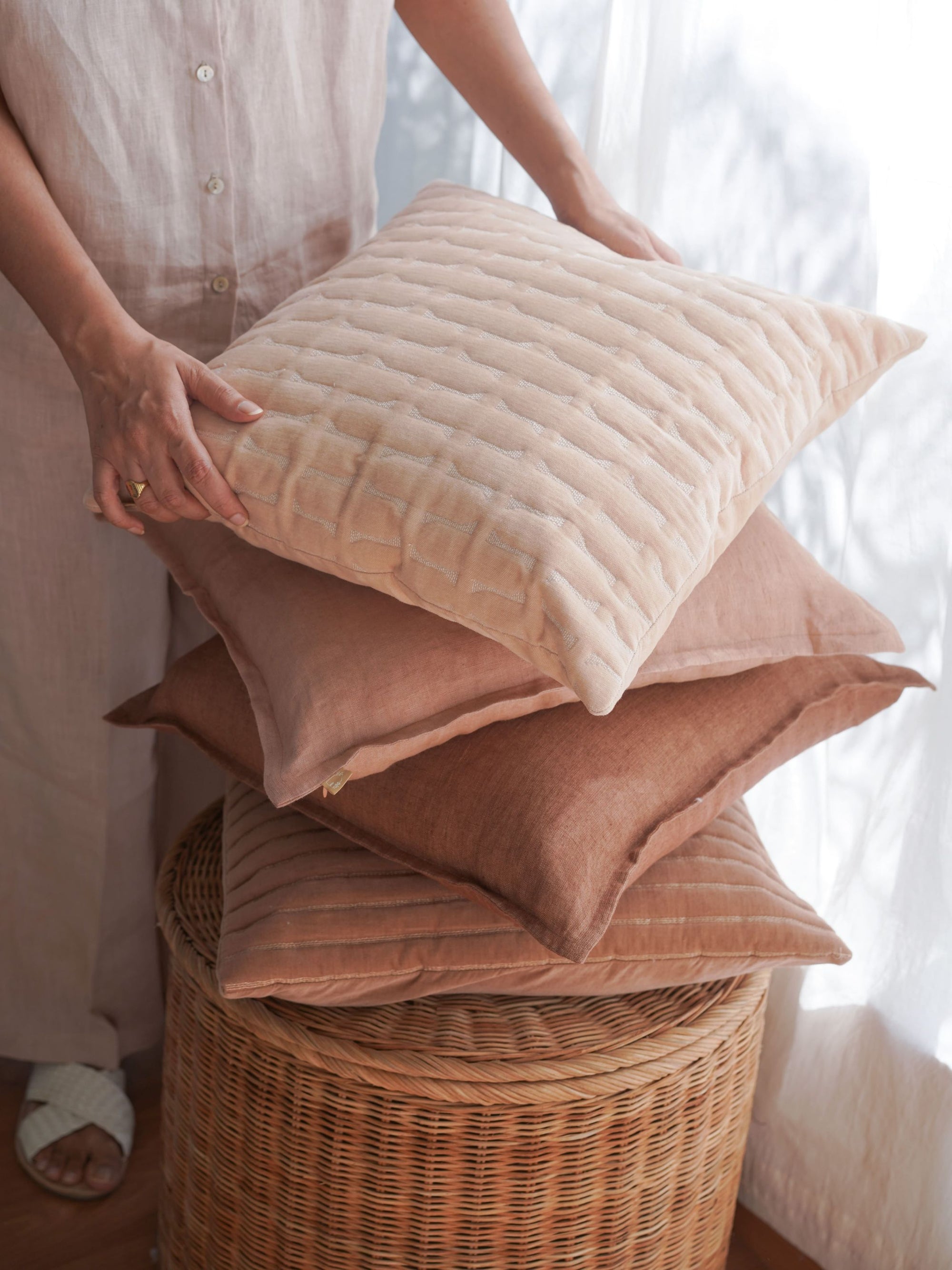 Twig Oatmeal Embroidered Velvet Cushion Cover