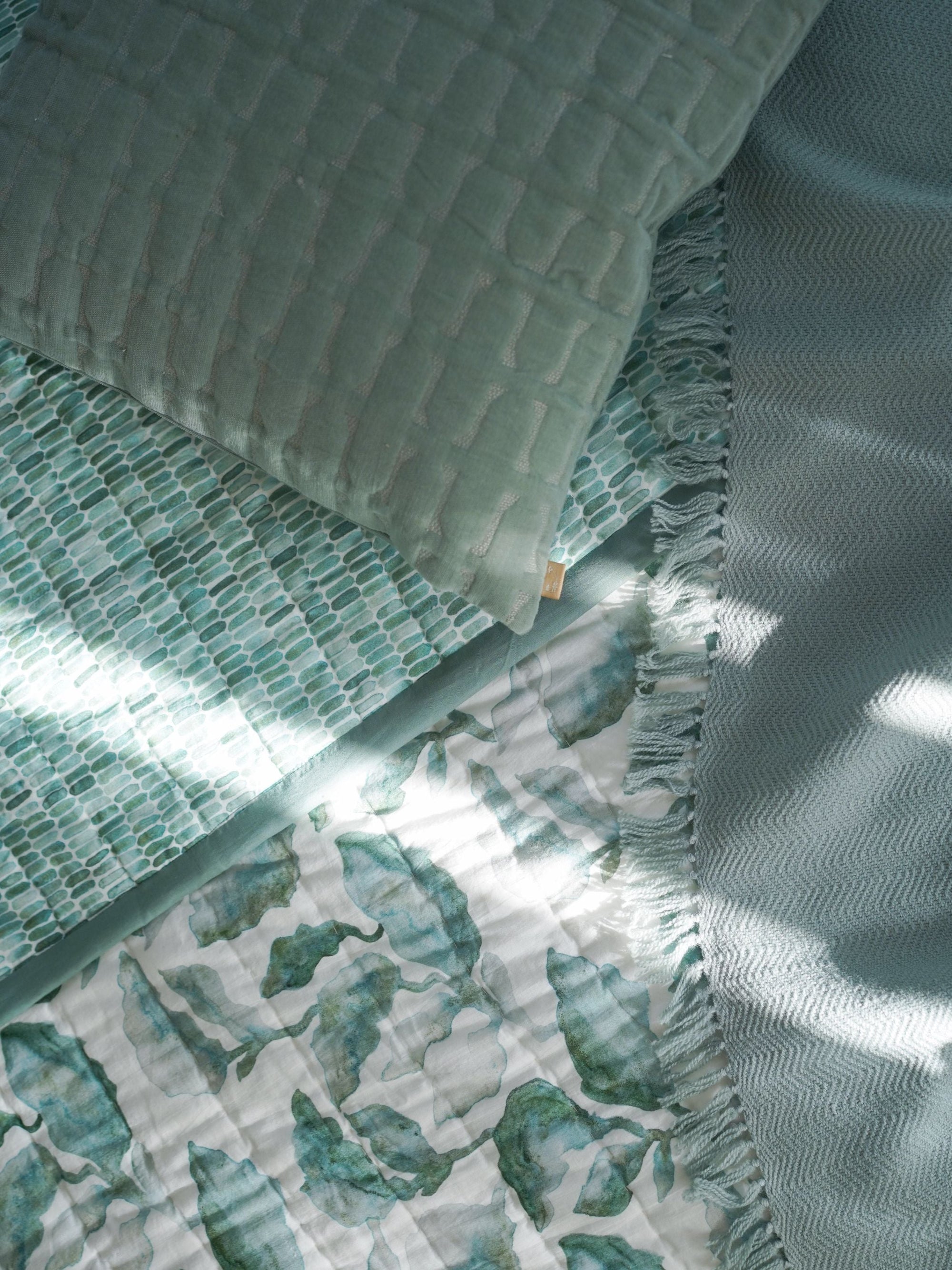 Twig Teal Embroidered Velvet Cushion Cover