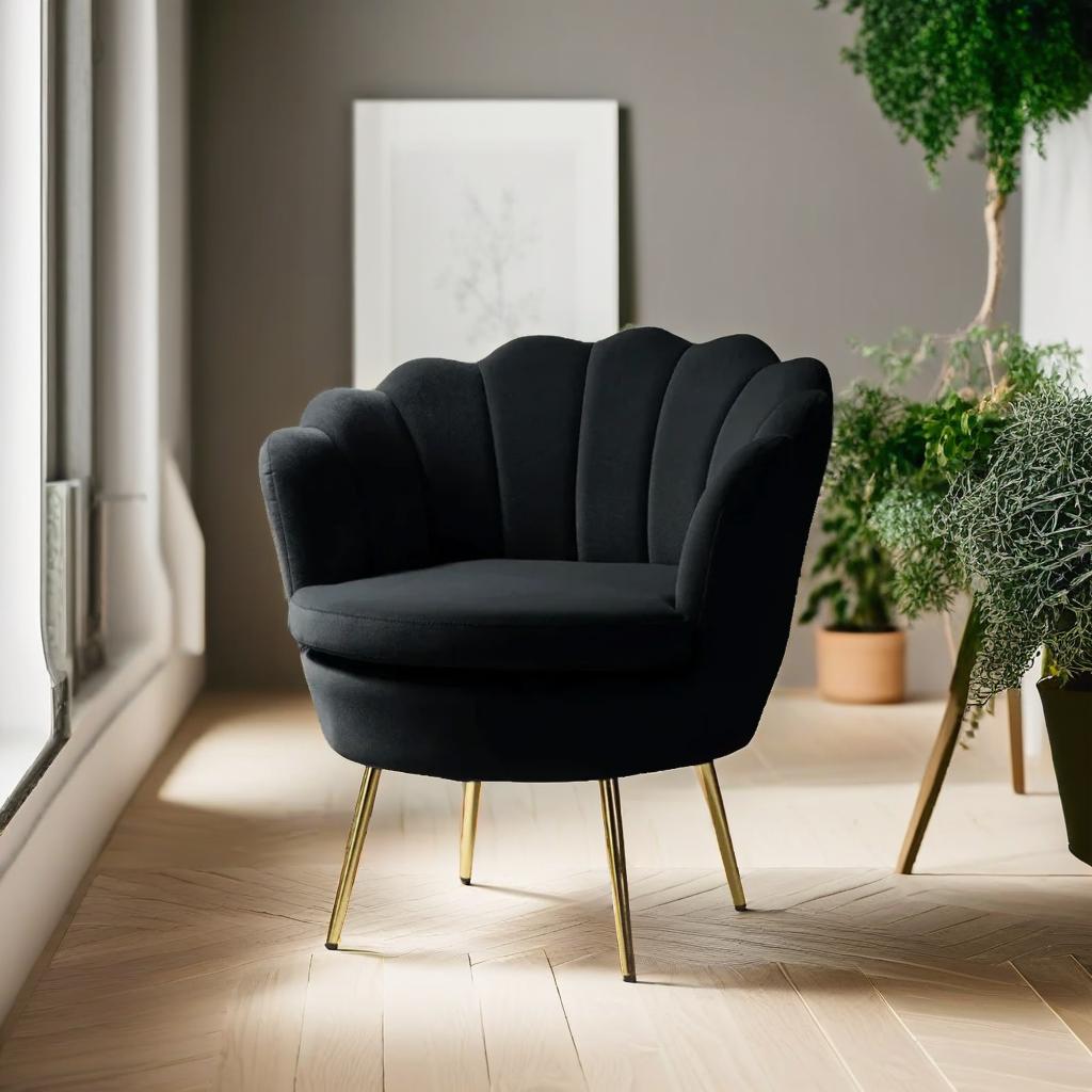 Shell Motif Luxury Design Black Velvet Lounge Chair