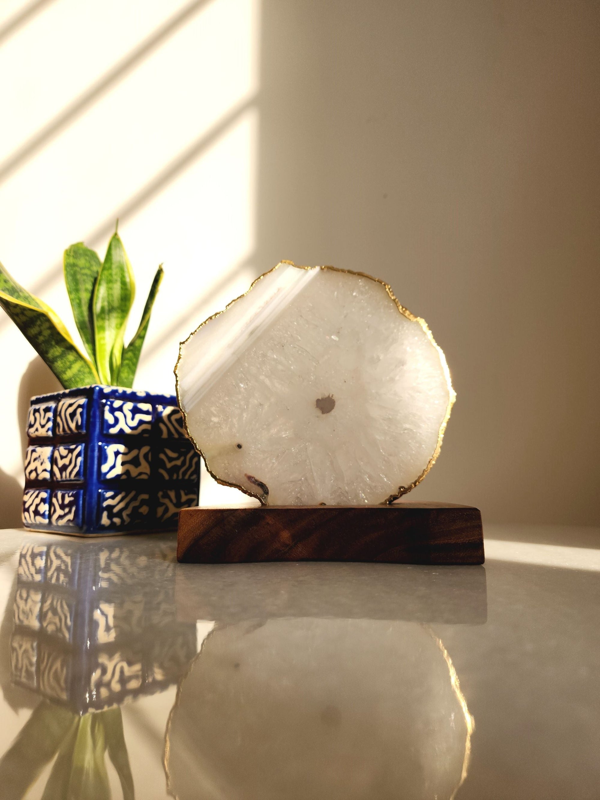 Agate Tealight Holder - White Gemstone Gold Plated With Wooden Stand