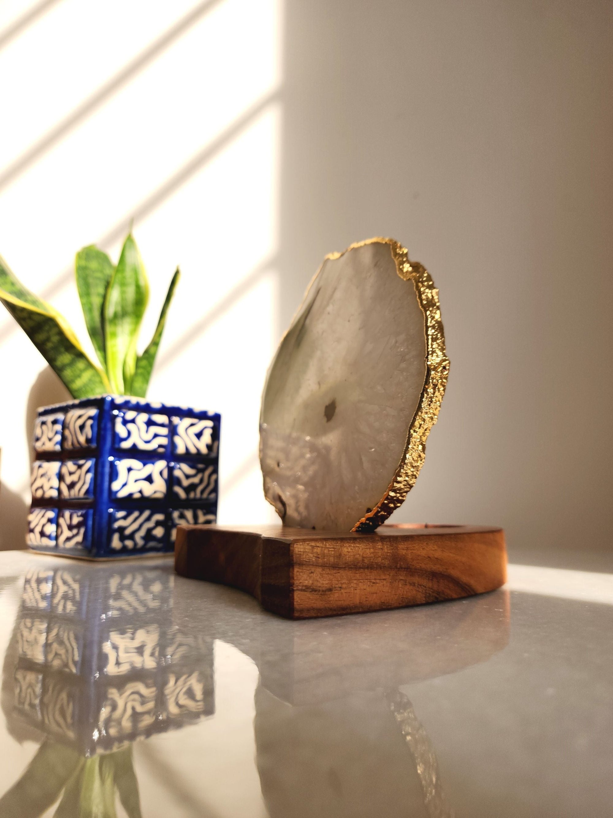 Agate Tealight Holder - White Gemstone Gold Plated With Wooden Stand