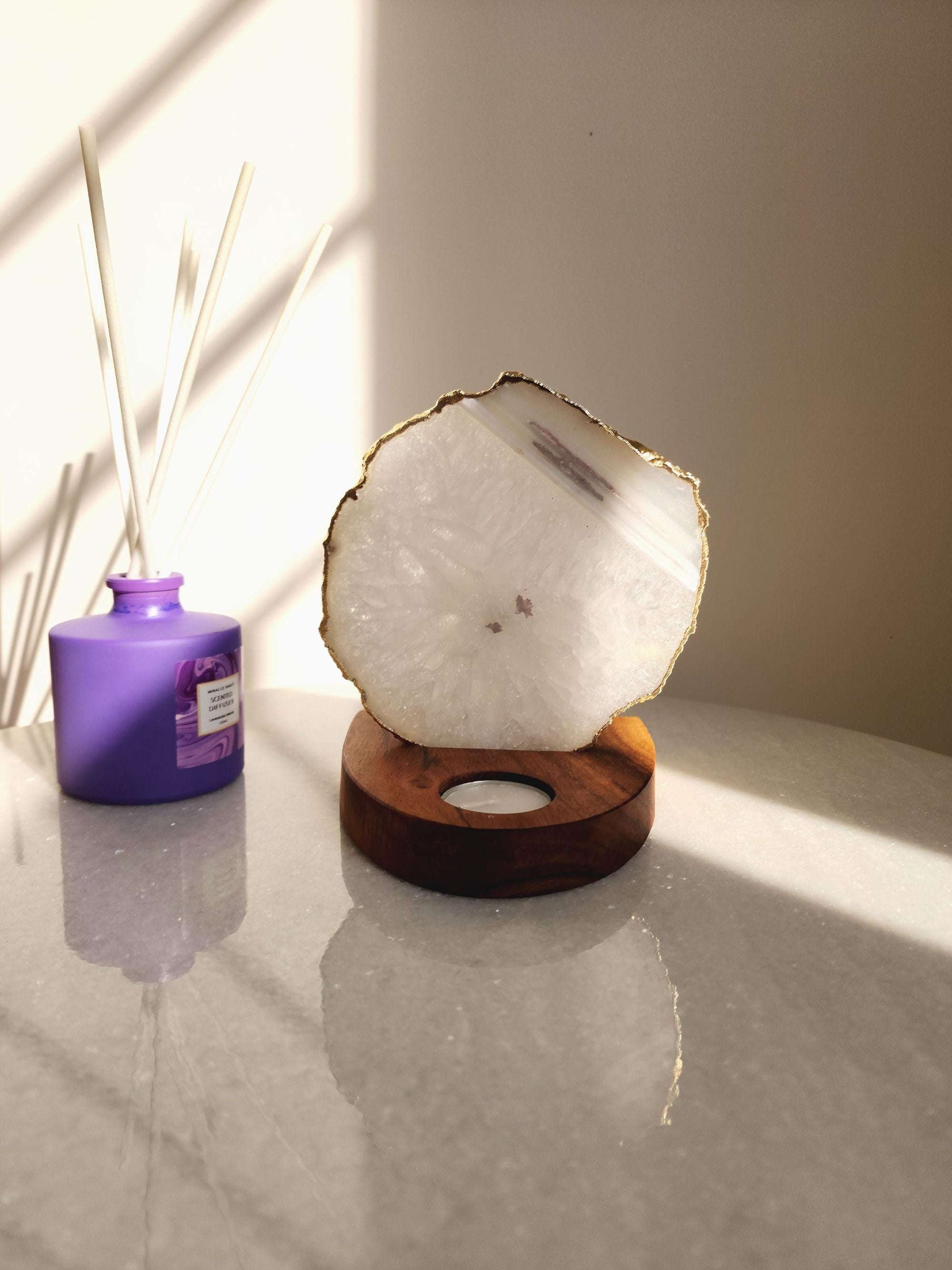 Agate Tealight Holder - White Gemstone Gold Plated With Wooden Stand