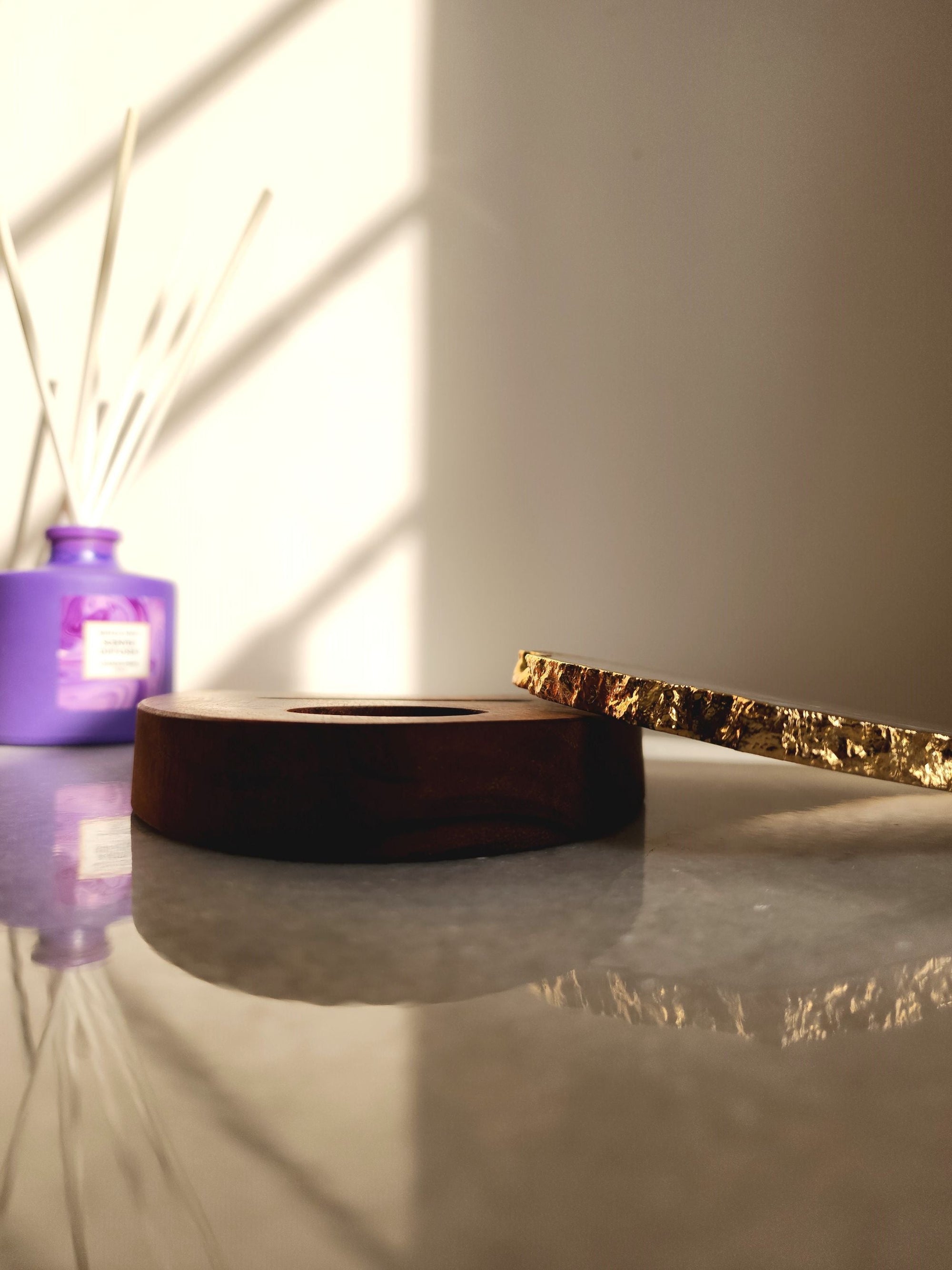 Agate Tealight Holder - White Gemstone Gold Plated With Wooden Stand