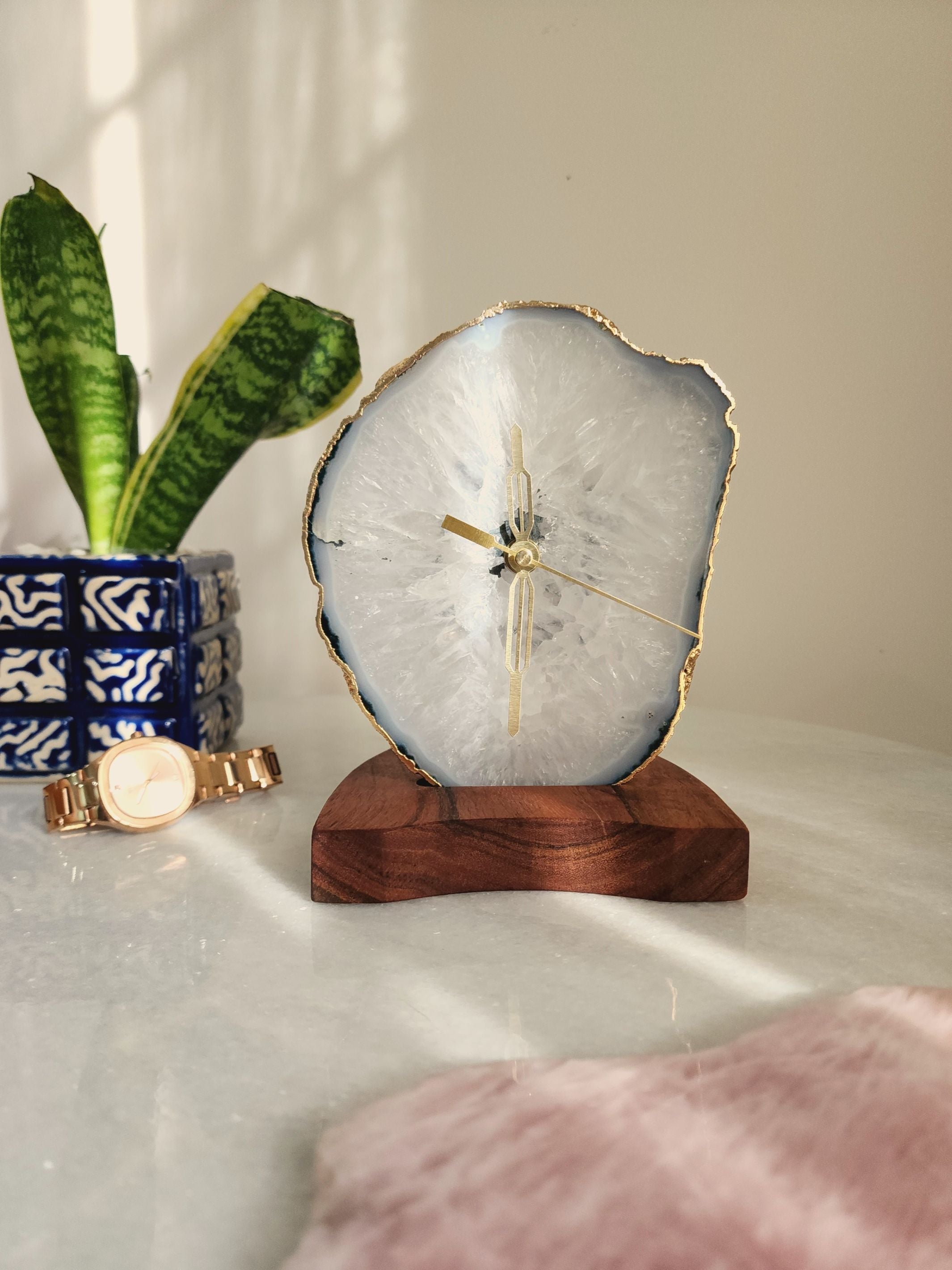 Agate Table Clock - White Gemstone Gold Plated