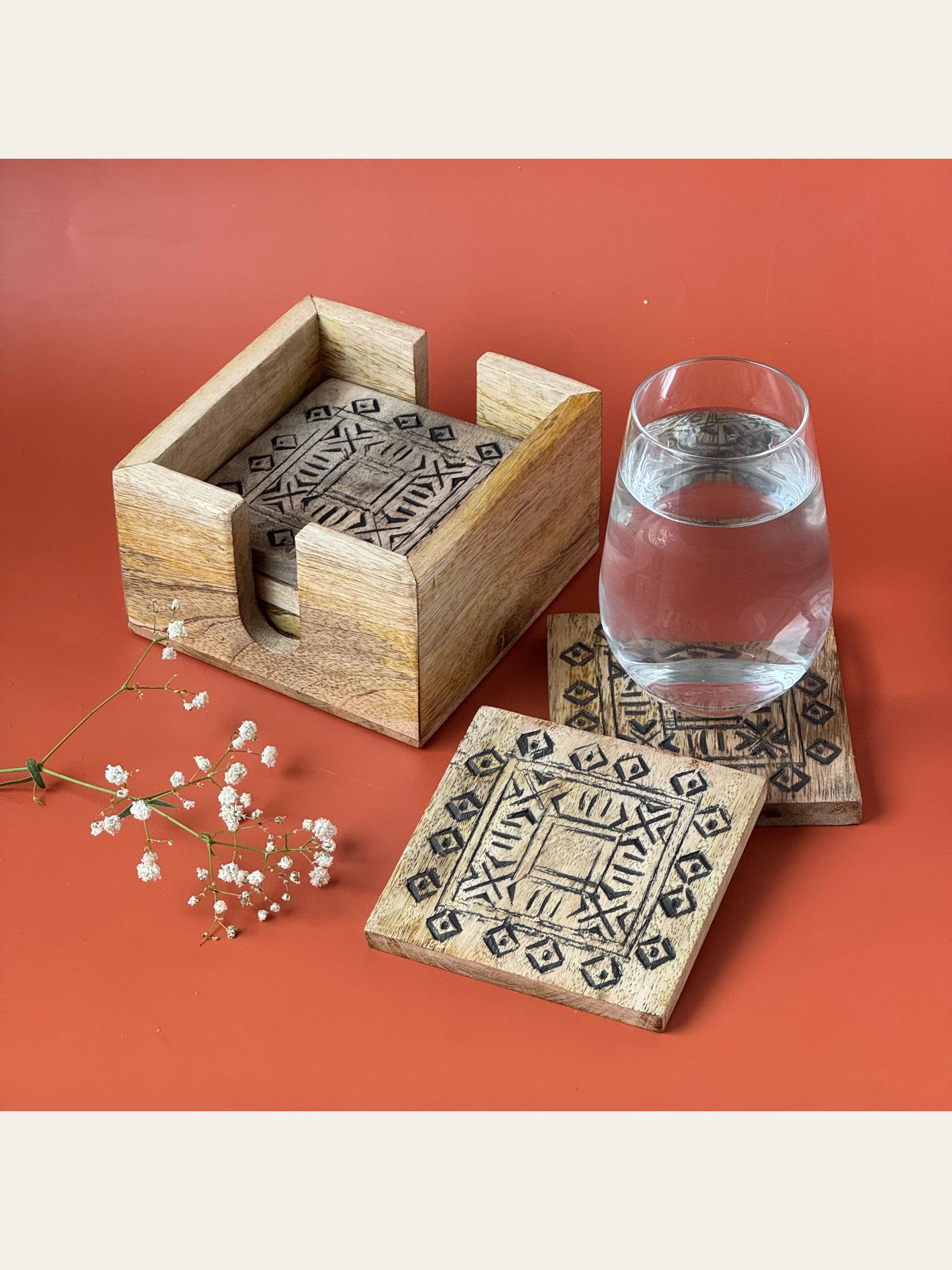 Wood Carved Coaster Set Black