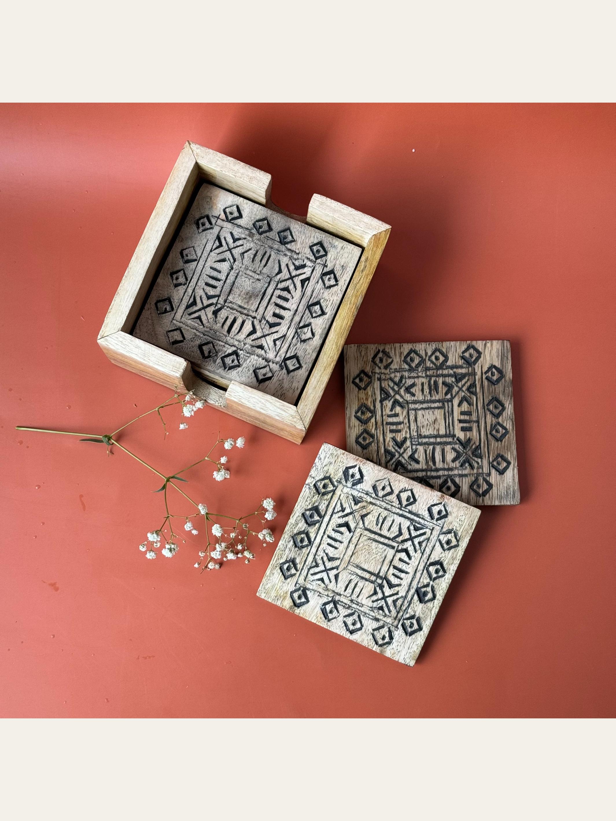 Wood Carved Coaster Set Black