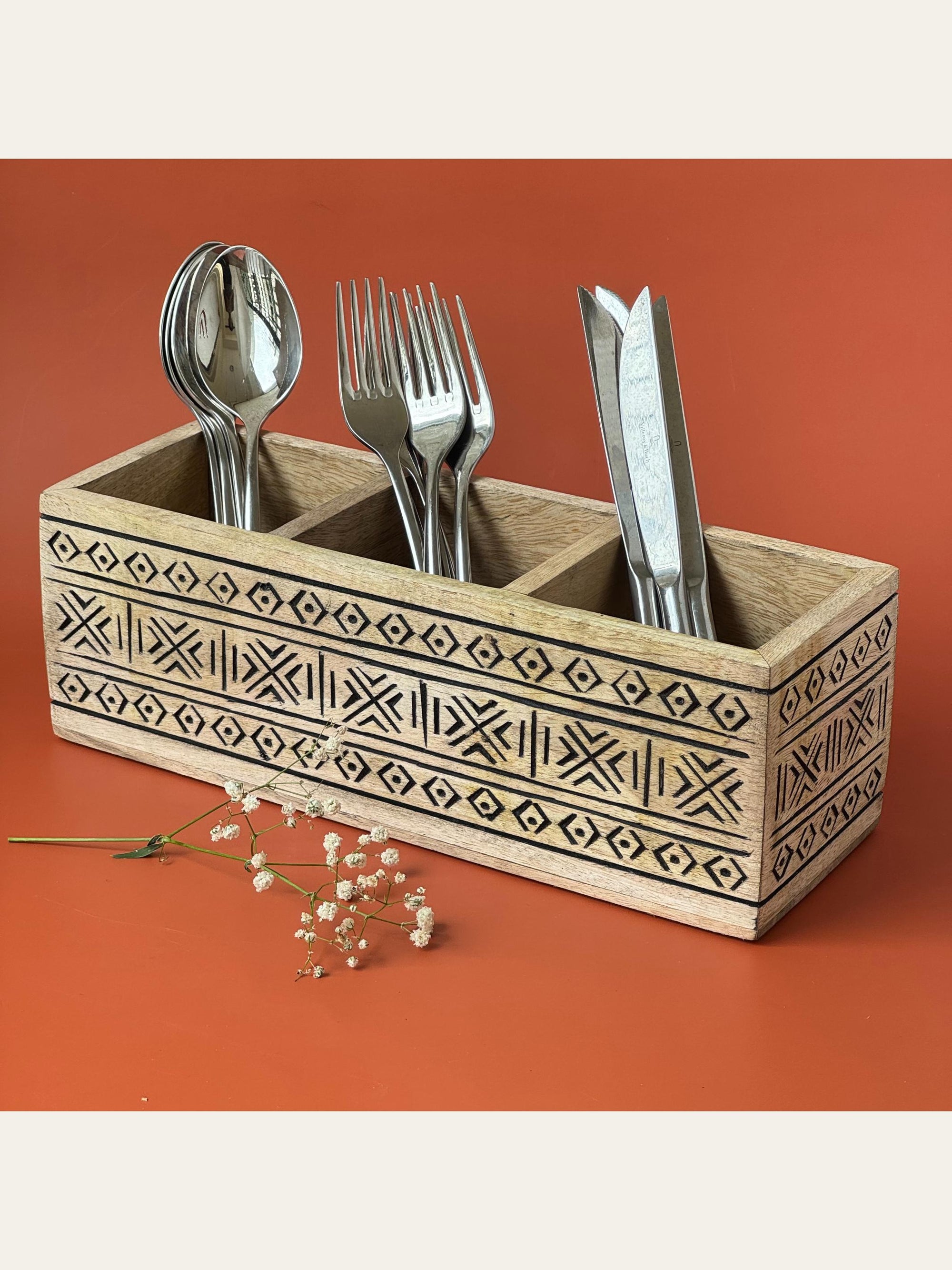 Wood Carved Cutlery Holder Black