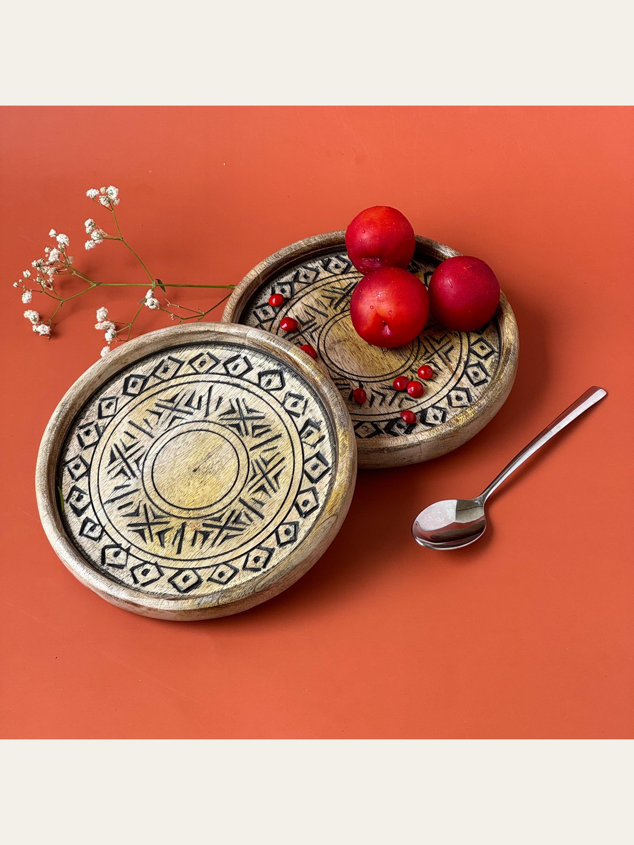 Wood Carved Small Tray Set of 2 Black