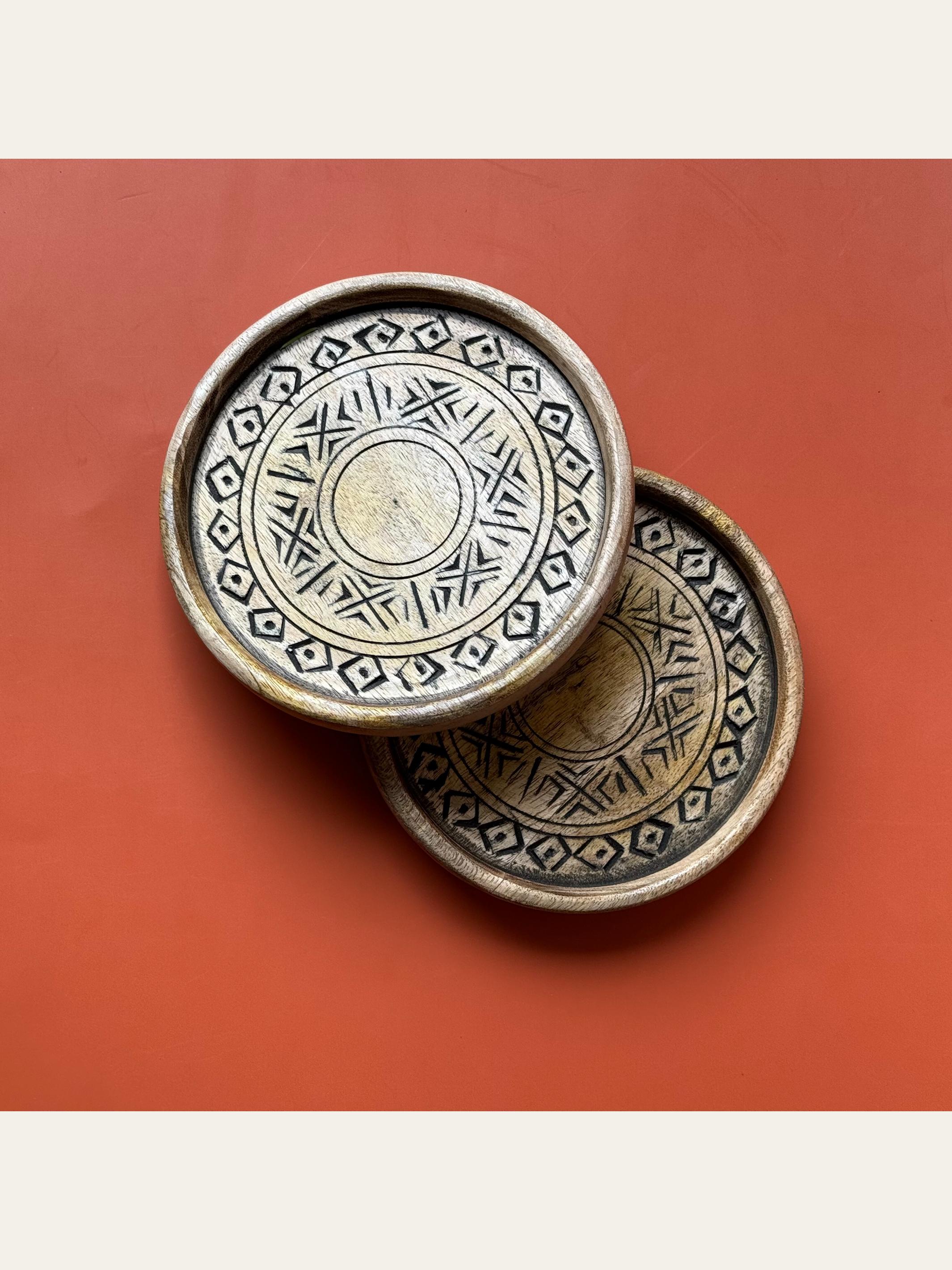 Wood Carved Small Tray Set of 2 Black