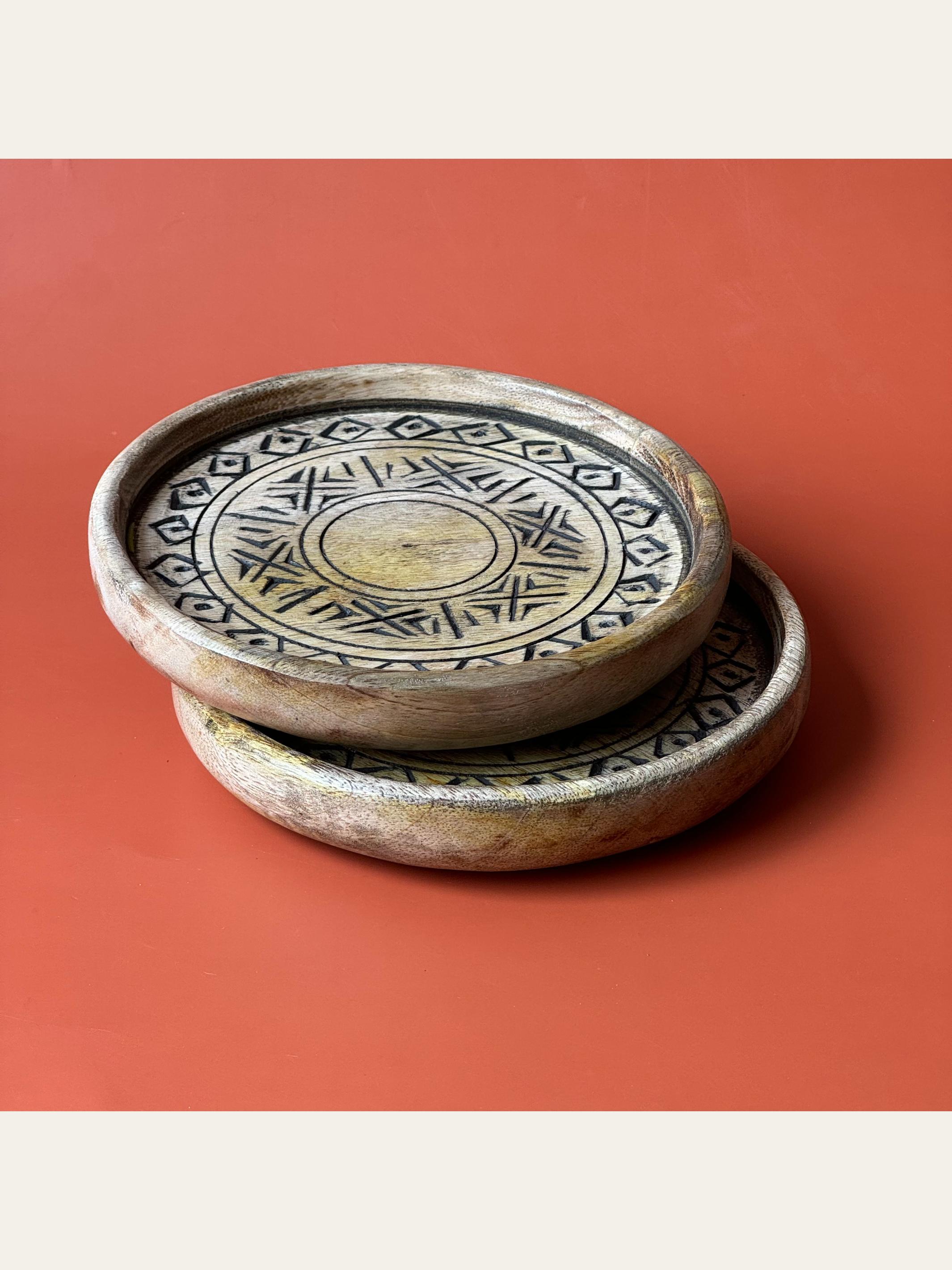 Wood Carved Small Tray Set of 2 Black