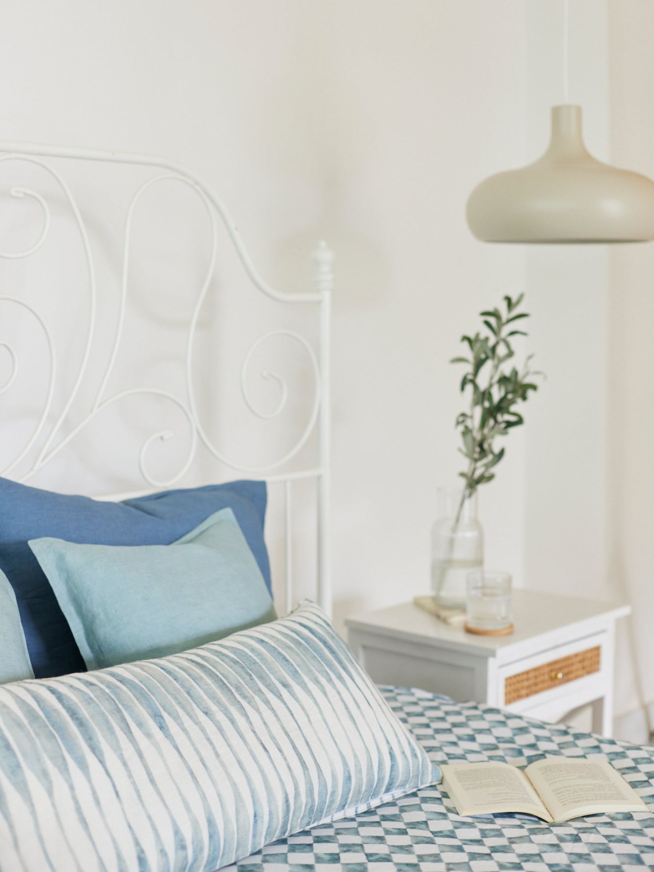 Linen Bedspread - Checker Blue