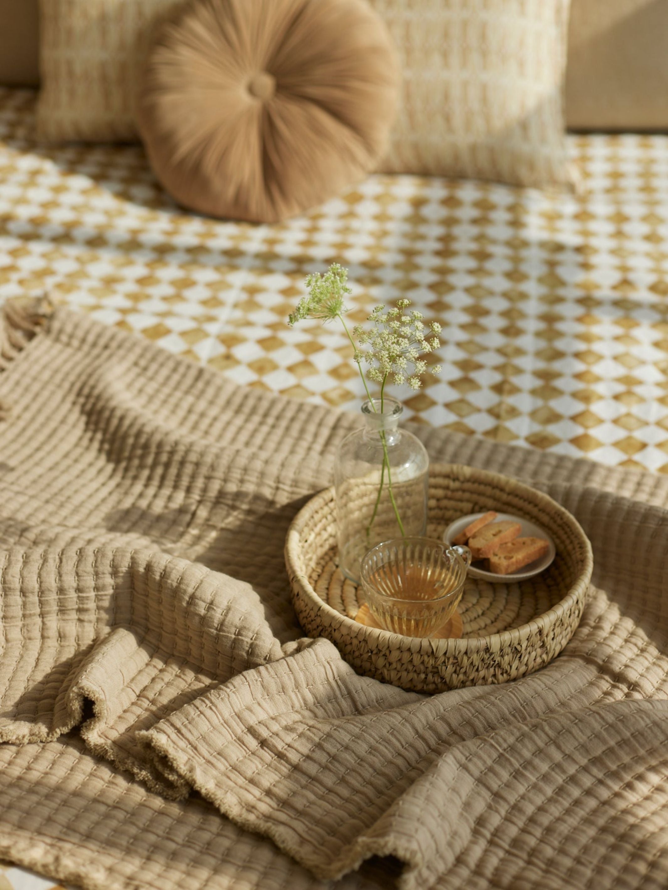 Linen Bedspread - Checker Ochre